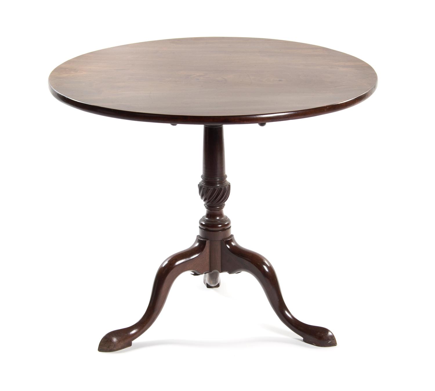 A George III Mahogany Tilt-Top Tea Table, Height 27 3/4 x diameter 33 inches.