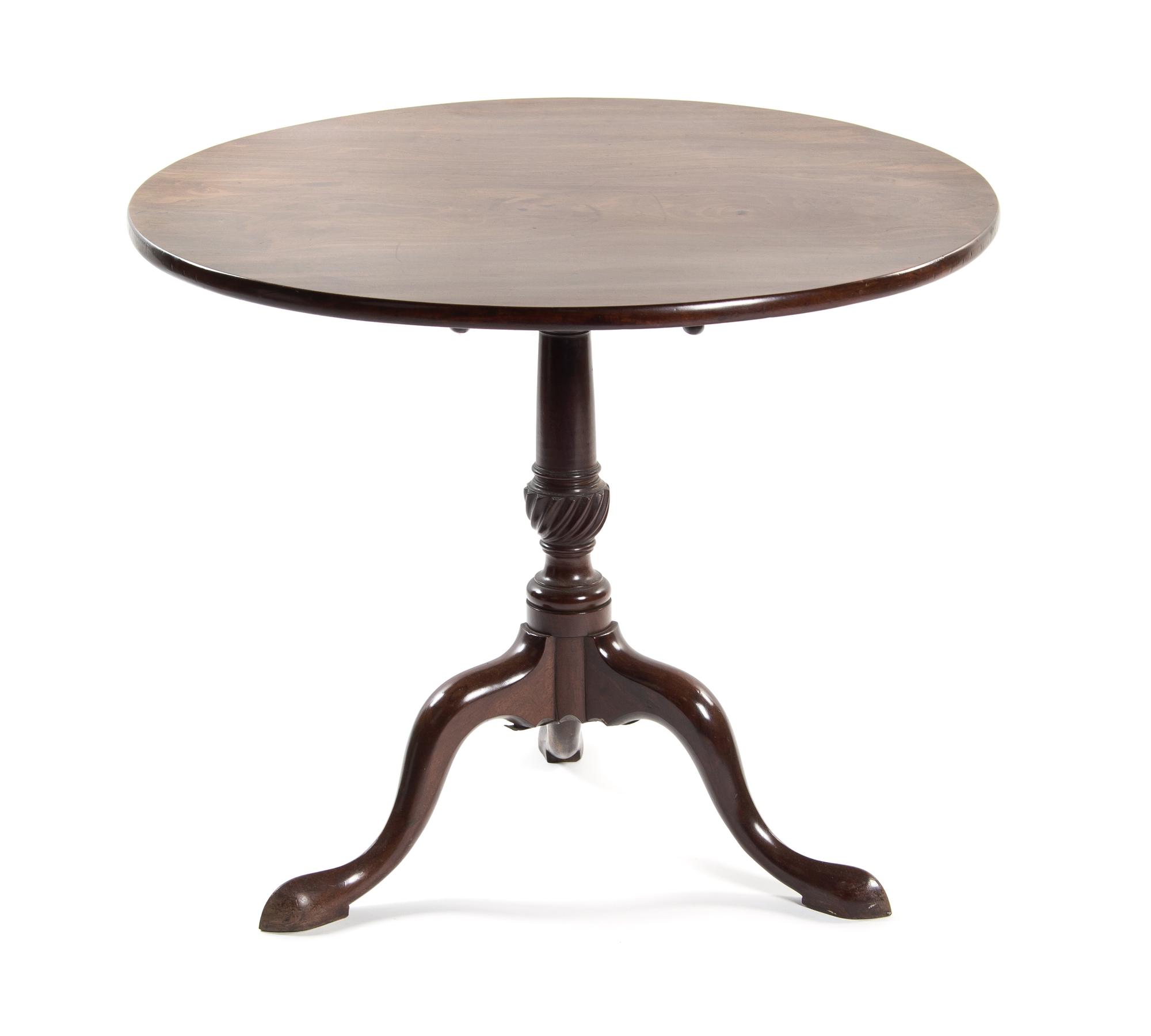 A George III Mahogany Tilt-Top Tea Table, Height 27 3/4 x diameter 33 inches.