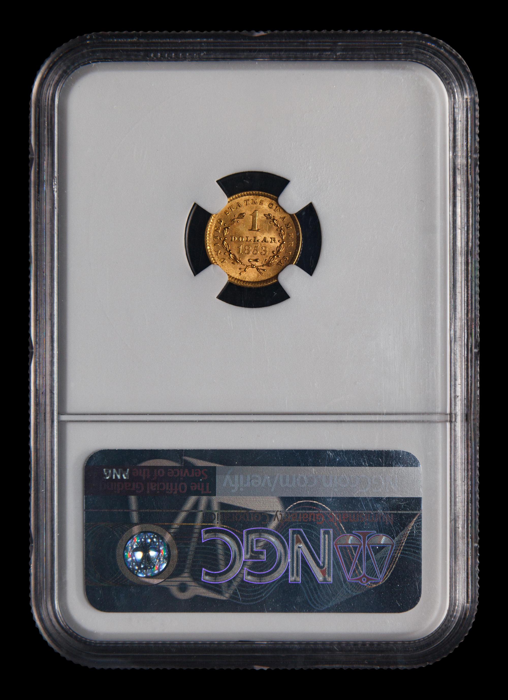 An 1853 Liberty Head $1 Gold Coin (NGC MS62)