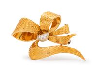 YELLOW GOLD AND DIAMOND BOW BROOCH