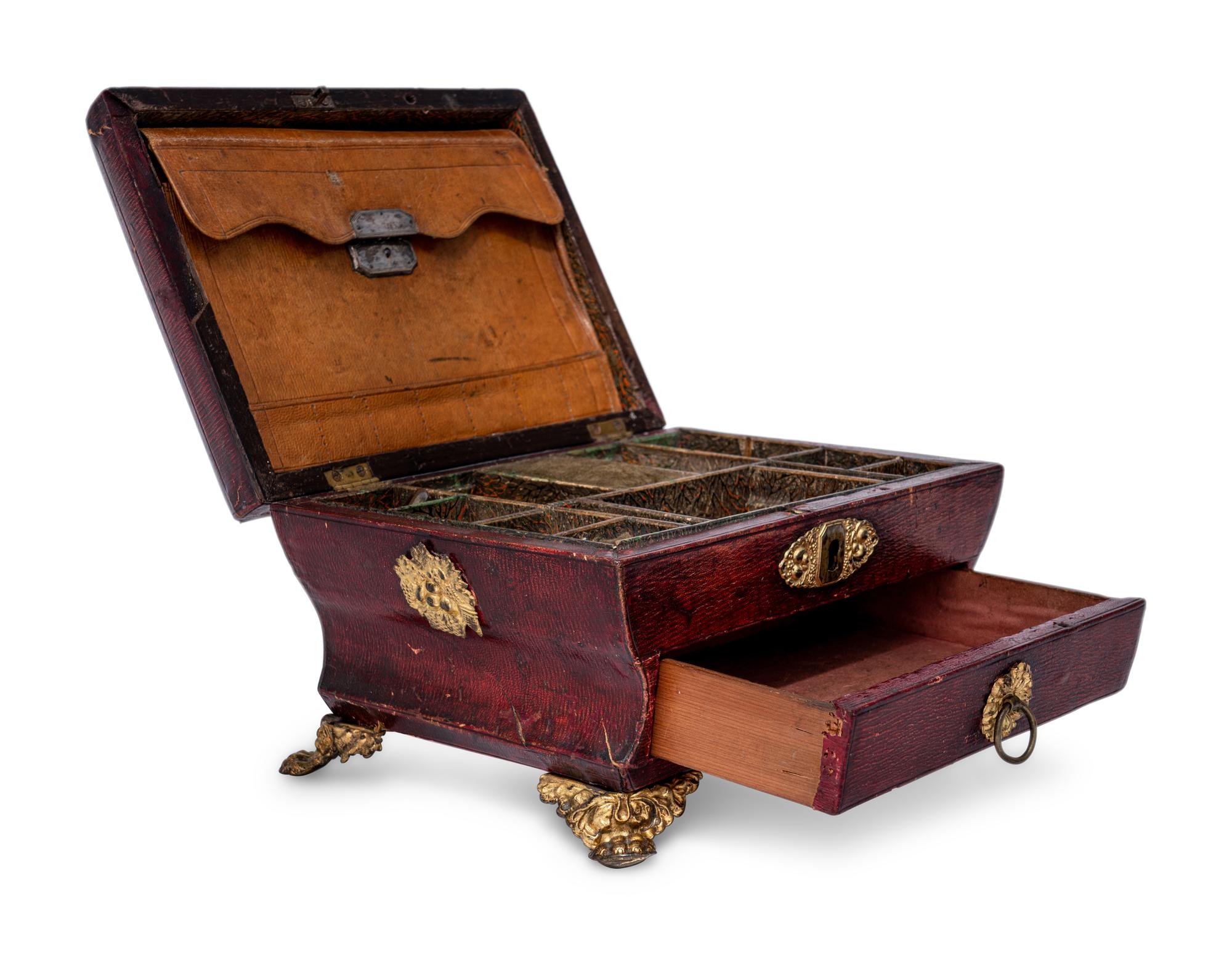 A Gilt Metal Mounted Leather-Veneered Jewelry Casket