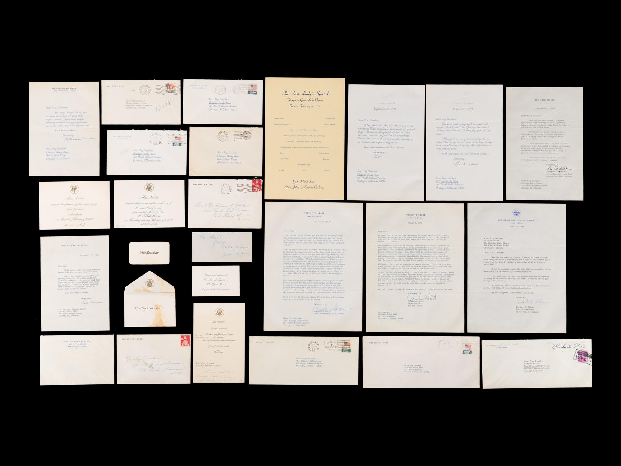 (Politics) NIXON, Patricia Ryan (1912-1993). A group of 10 letters between Peg Zwecker, Pat Nixion, and the Nixon Whitehouse Staff.
