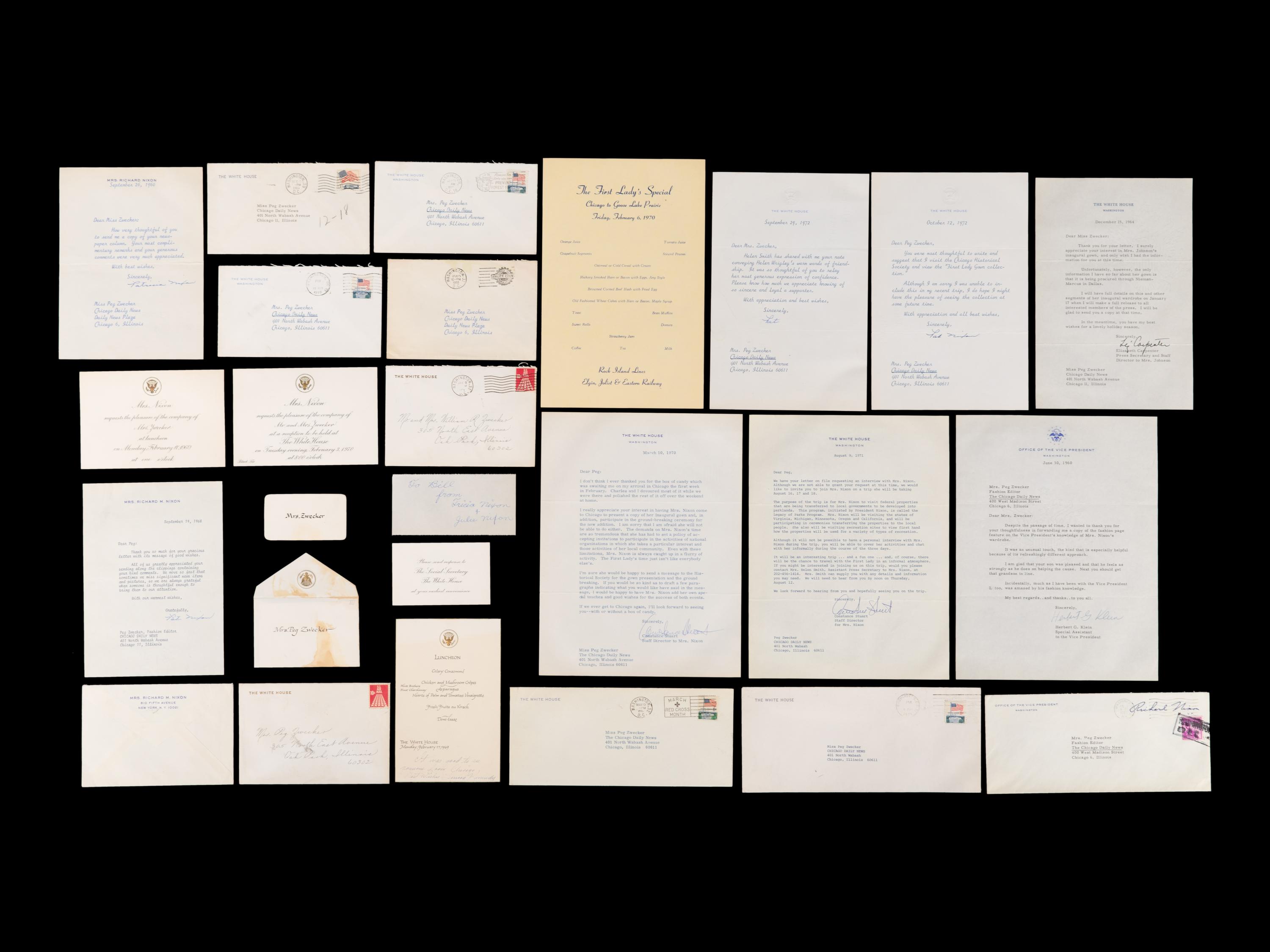 (Politics) NIXON, Patricia Ryan (1912-1993). A group of 10 letters between Peg Zwecker, Pat Nixion, and the Nixon Whitehouse Staff.