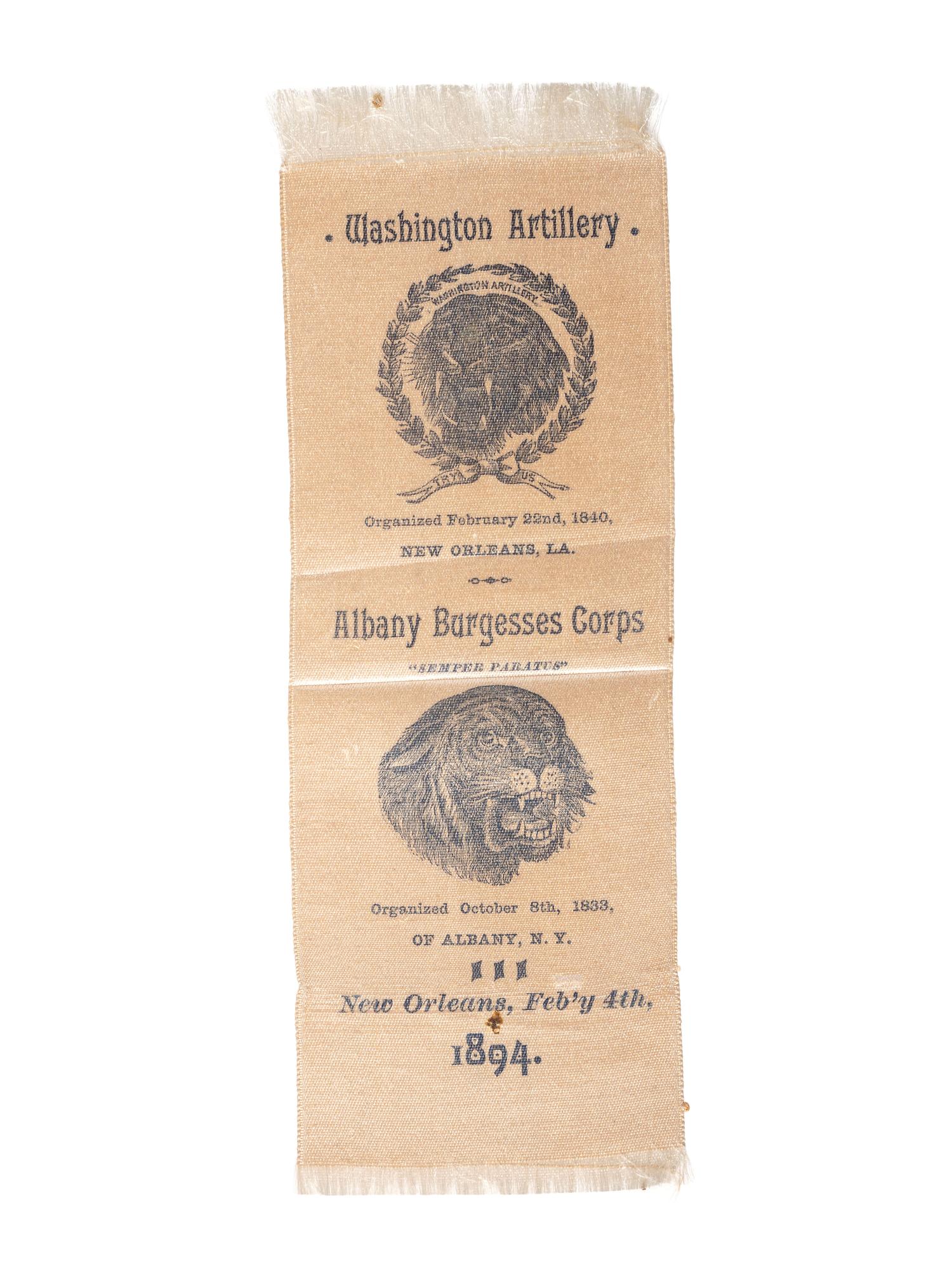 [CIVIL WAR]. Washington Artillery of New Orleans and Albany Burgesses Corps reunion ribbon for 1894.