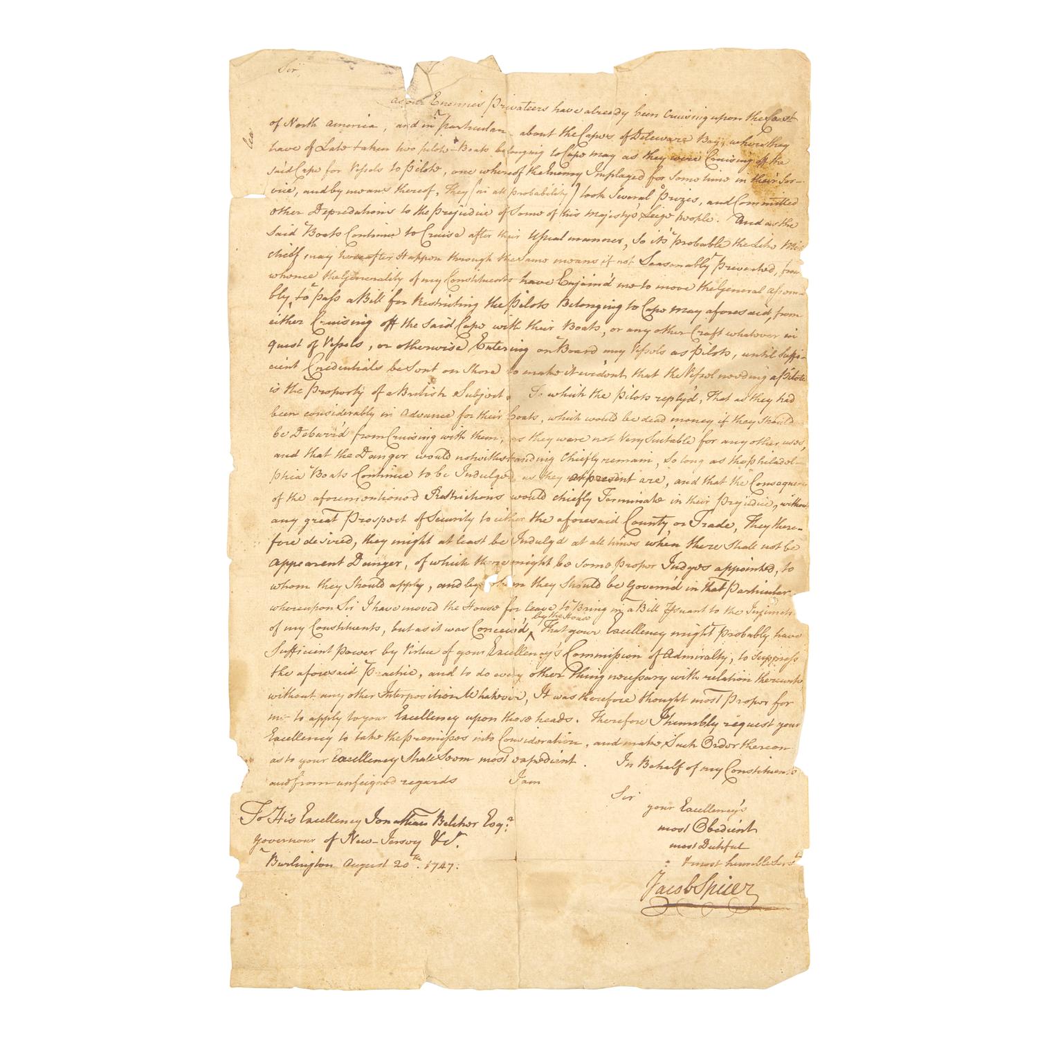 [Piracy] Autograph Letter, Signed by a Representative of Cape May County to New Jersey Governor Jonathan Belcher, Regarding Enemy Privateers Along the Coast of North America and Cape May, 1747