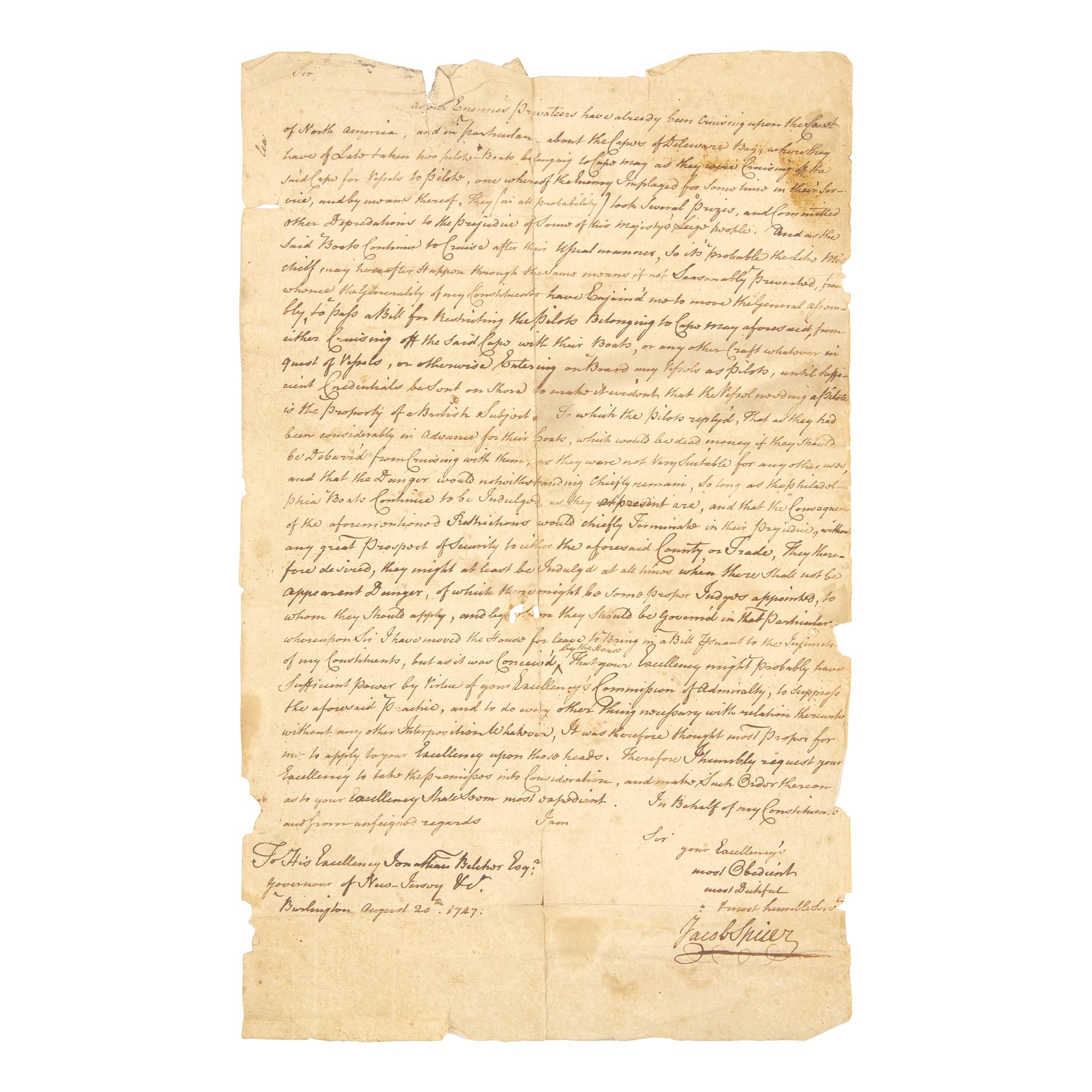 [Piracy] Autograph Letter, Signed by a Representative of Cape May County to New Jersey Governor Jonathan Belcher, Regarding Enemy Privateers Along the Coast of North America and Cape May, 1747