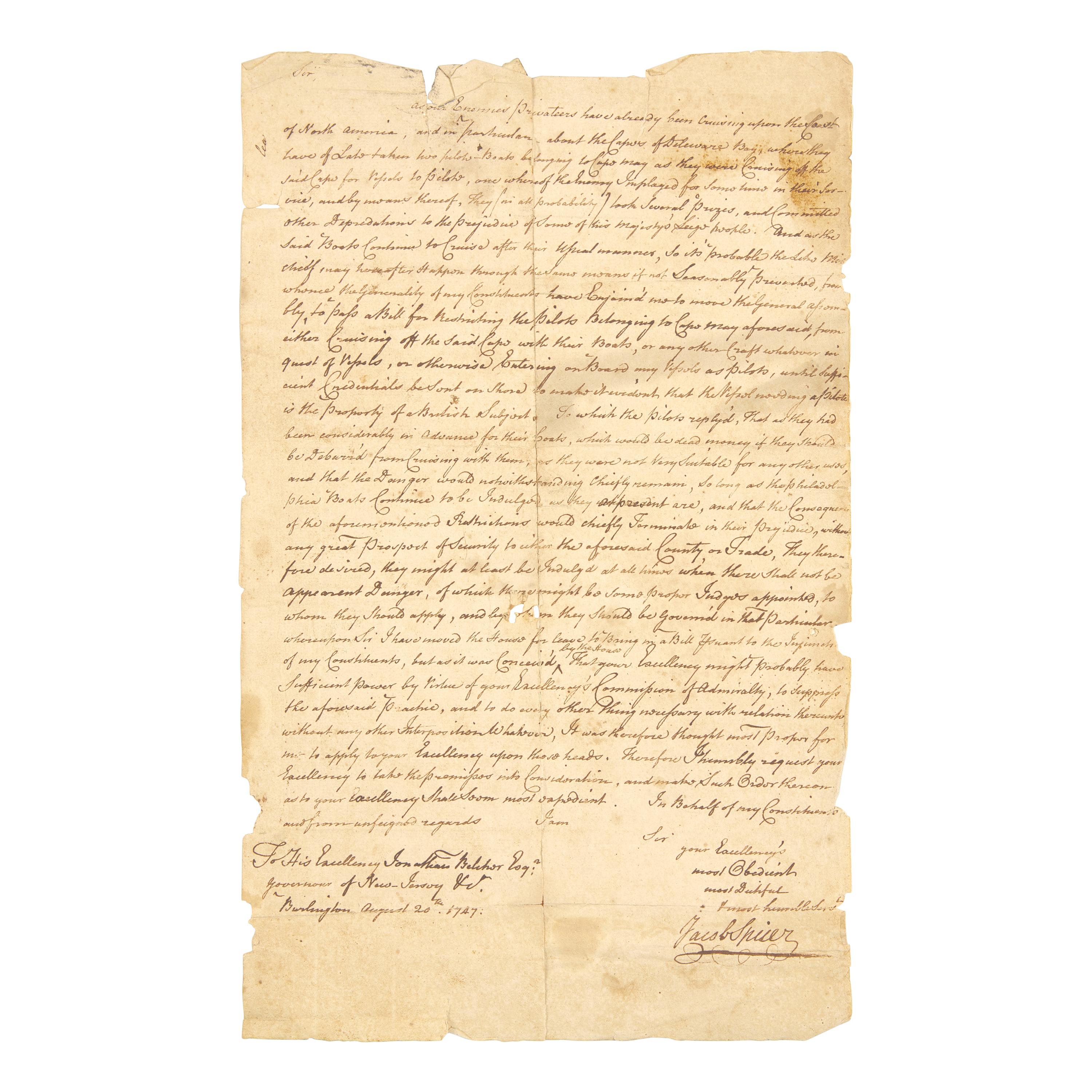 [Piracy] Autograph Letter, Signed by a Representative of Cape May County to New Jersey Governor Jonathan Belcher, Regarding Enemy Privateers Along the Coast of North America and Cape May, 1747