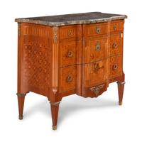 A Louis XVI Style Marquetry and Gilt Metal Mounted Marble-Top Commode