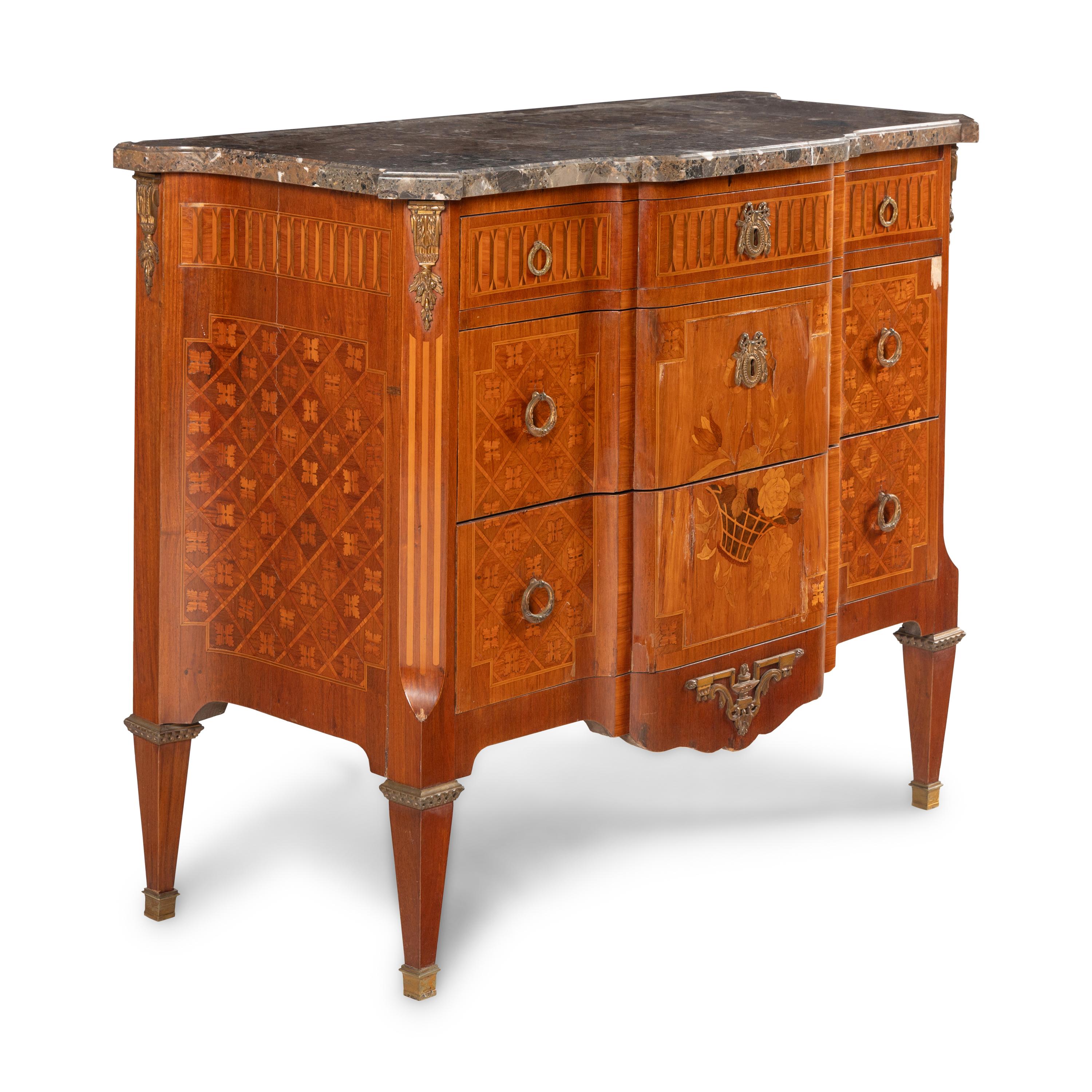 A Louis XVI Style Marquetry and Gilt Metal Mounted Marble-Top Commode