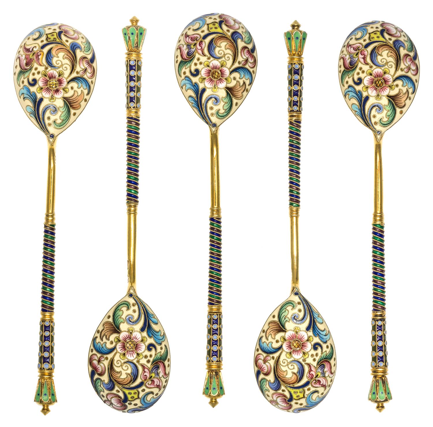 A Group of Five Russian Silver-Gilt and Enamel Teaspoons, Mark of Fedor Ruckert, Moscow, early 20th century, each having a green enamel