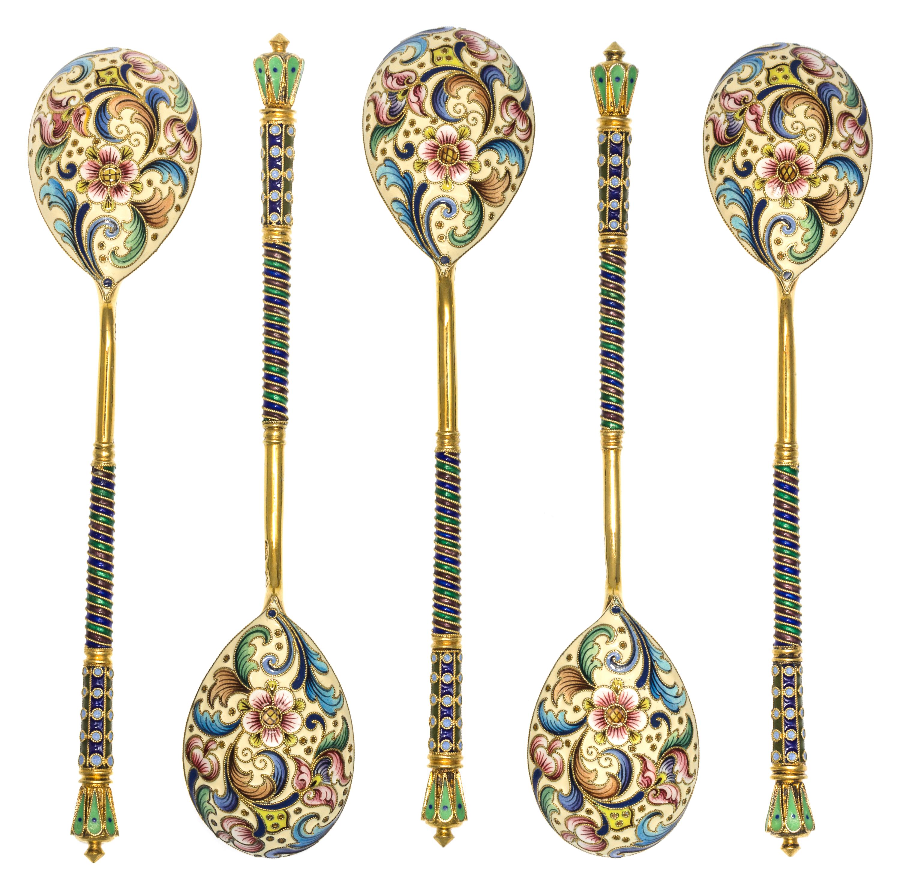 A Group of Five Russian Silver-Gilt and Enamel Teaspoons, Mark of Fedor Ruckert, Moscow, early 20th century, each having a green enamel