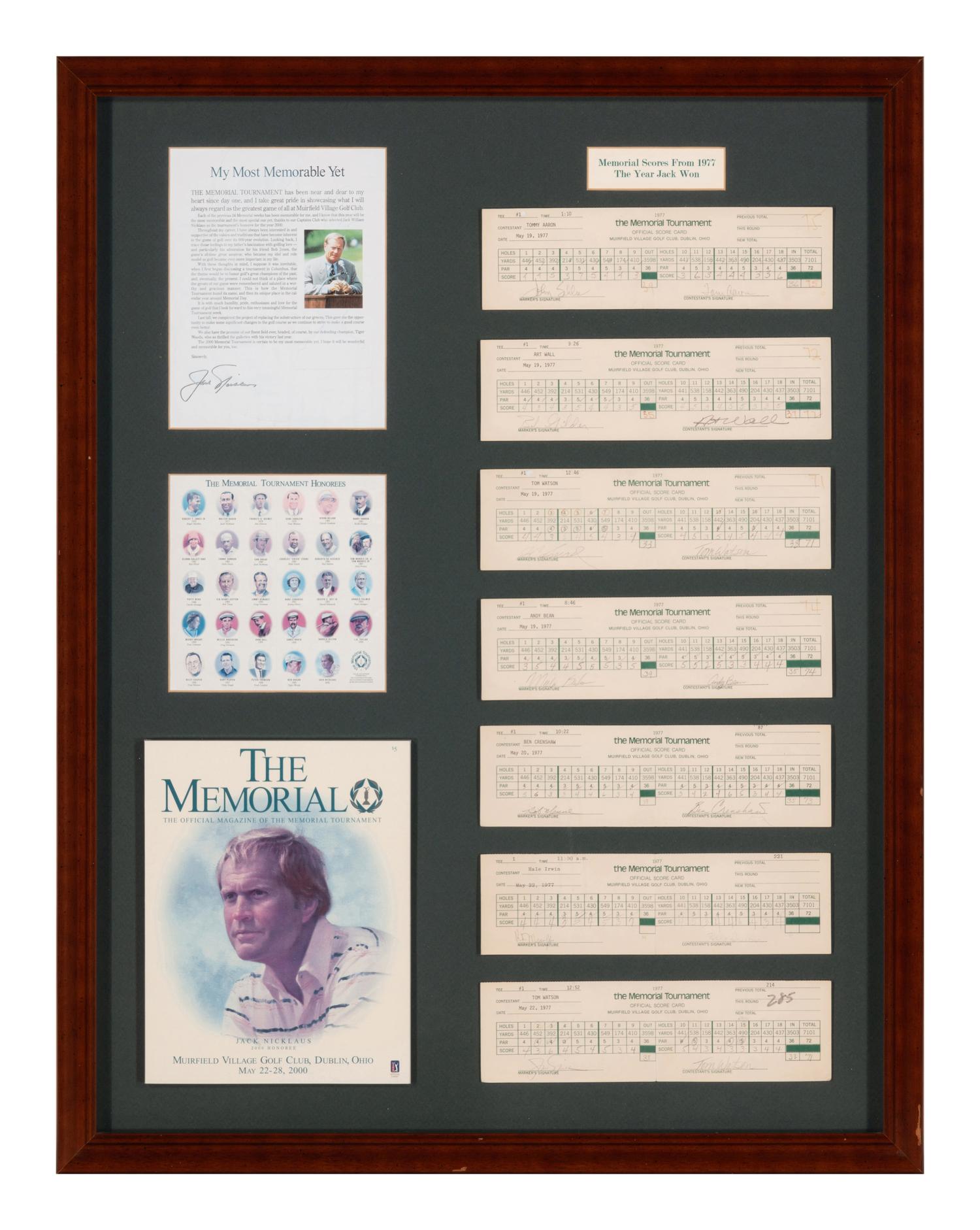 A 1977 Memorial Tournament Scorecard Display Featuring Tournament Used Scorecards Dual Signed by Jack Nicklaus and Tom Watson