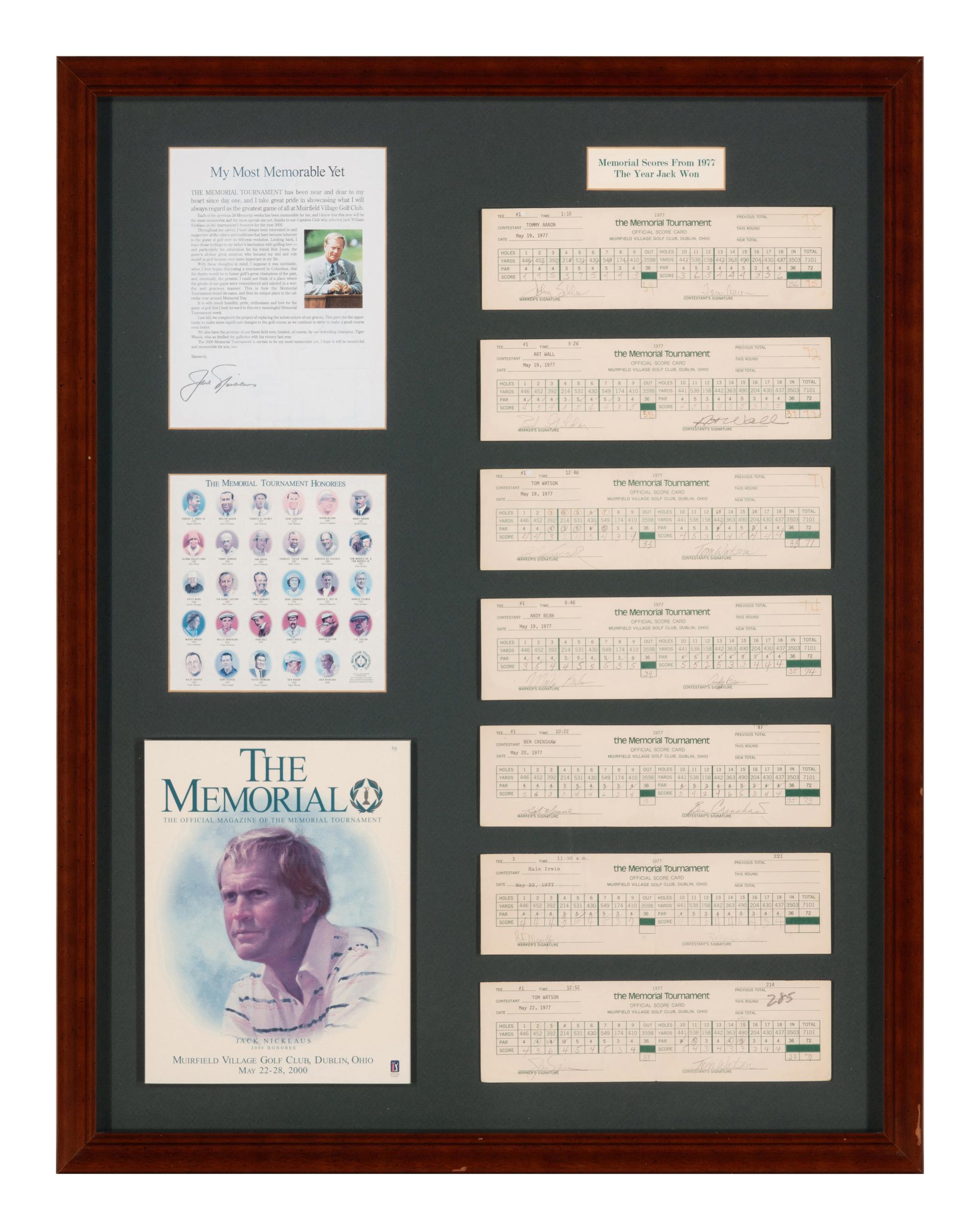 A 1977 Memorial Tournament Scorecard Display Featuring Tournament Used Scorecards Dual Signed by Jack Nicklaus and Tom Watson