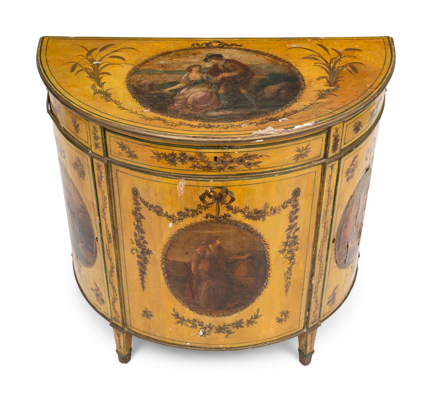 A George III Paint Decorated Demilune Cabinet
