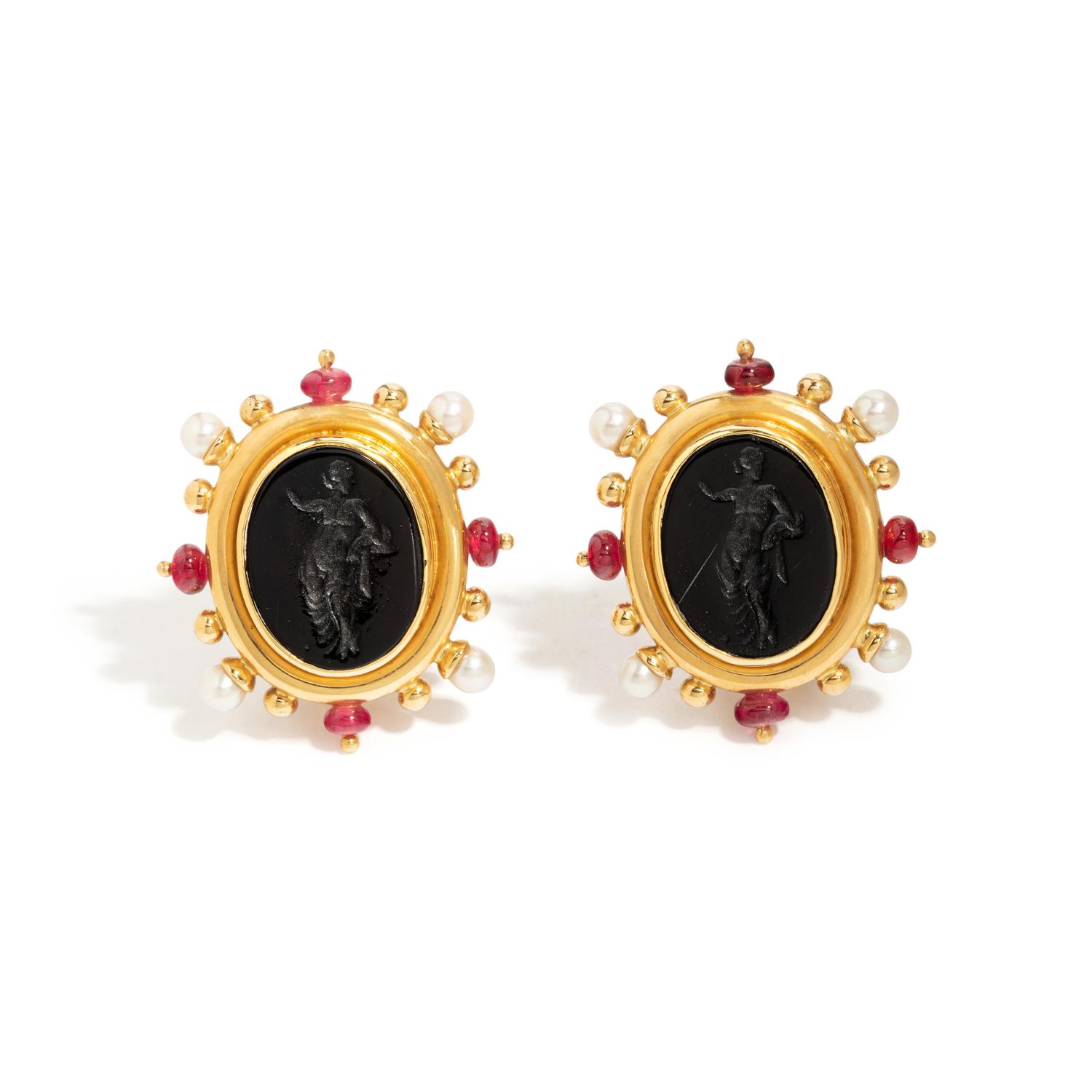 ELIZABETH LOCKE, YELLOW GOLD, CULTURED PEARL, RUBY AND GLASS CAMEO EARCLIPS