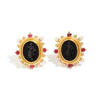 ELIZABETH LOCKE, YELLOW GOLD, CULTURED PEARL, RUBY AND GLASS CAMEO EARCLIPS
