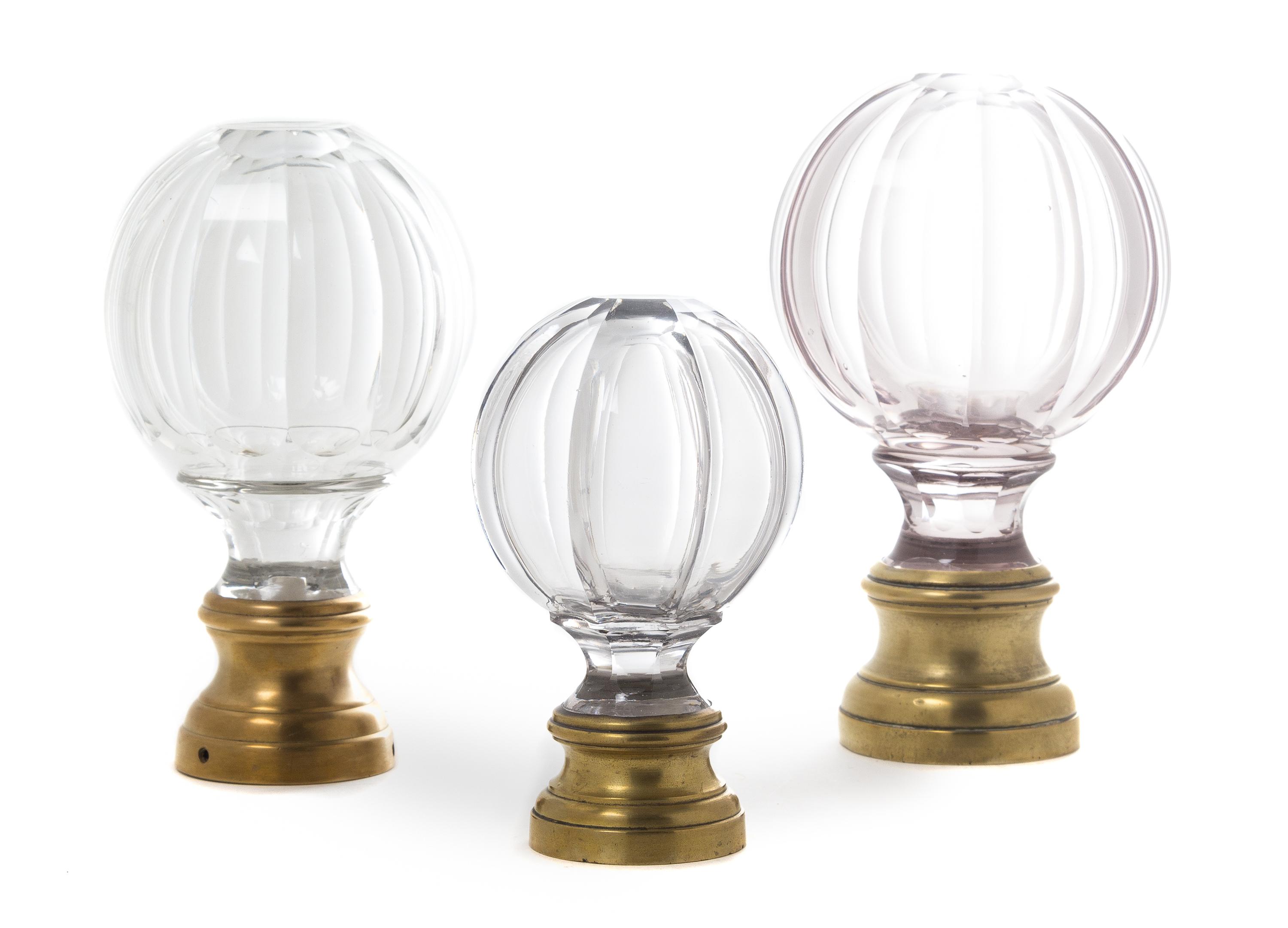 Three American Glass and Brass Finials Height of tallest 7 1/2 inches.