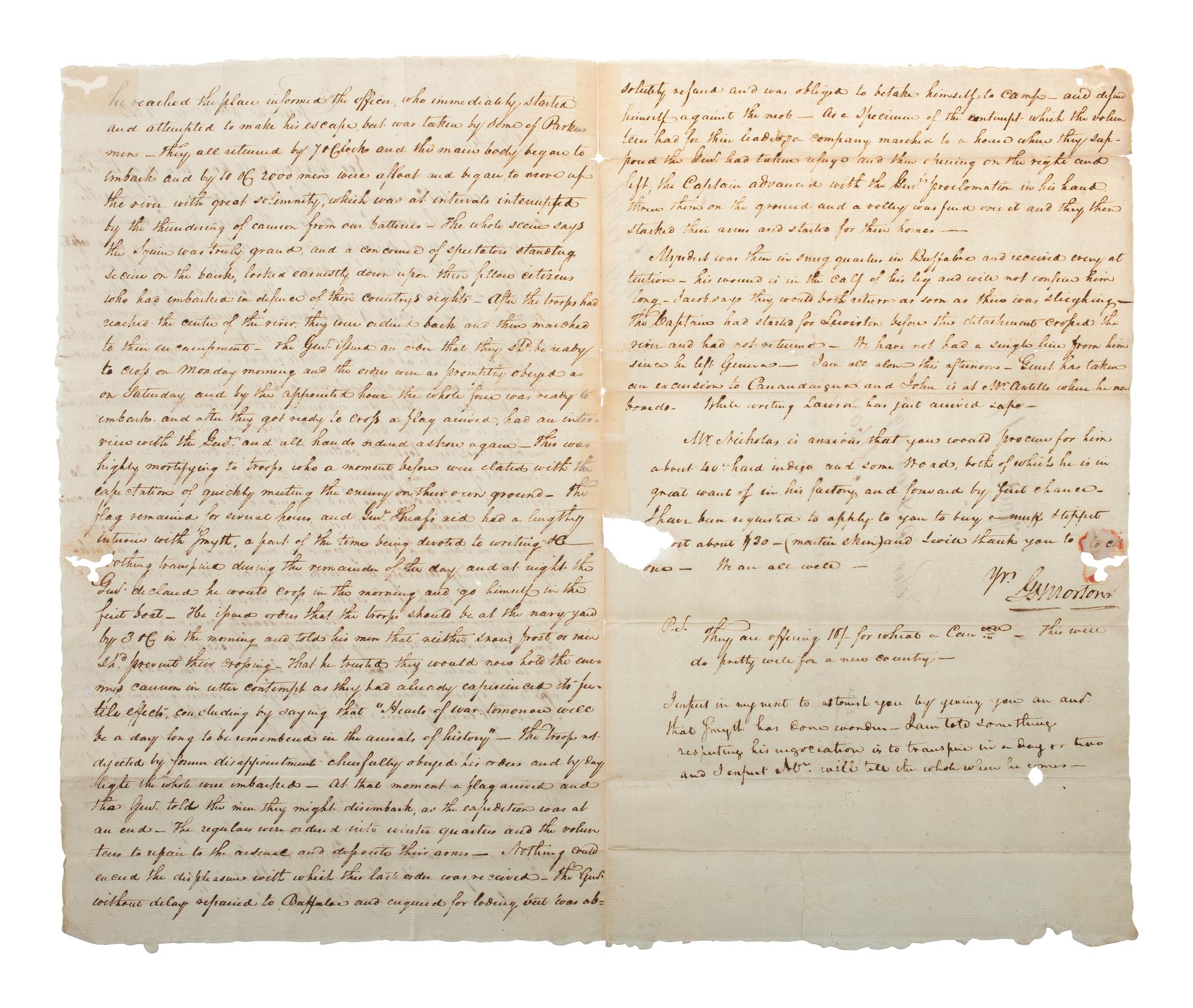 [WAR OF 1812]. MORTON, G. H. Autograph letter signed ("G. H. Morton"), to Peter P. Dox. Geneva, NY, 8 December 1812.