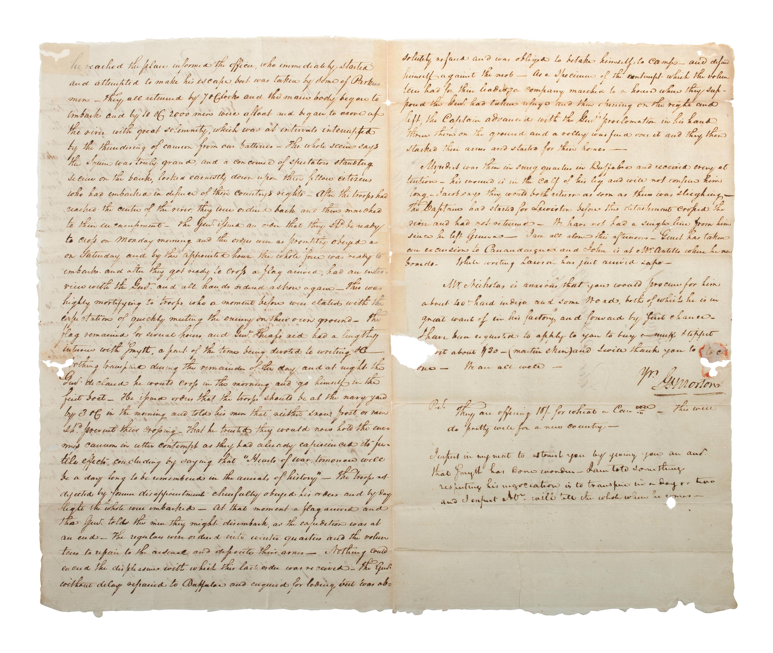 [WAR OF 1812]. MORTON, G. H. Autograph letter signed ("G. H. Morton"), to Peter P. Dox. Geneva, NY, 8 December 1812.