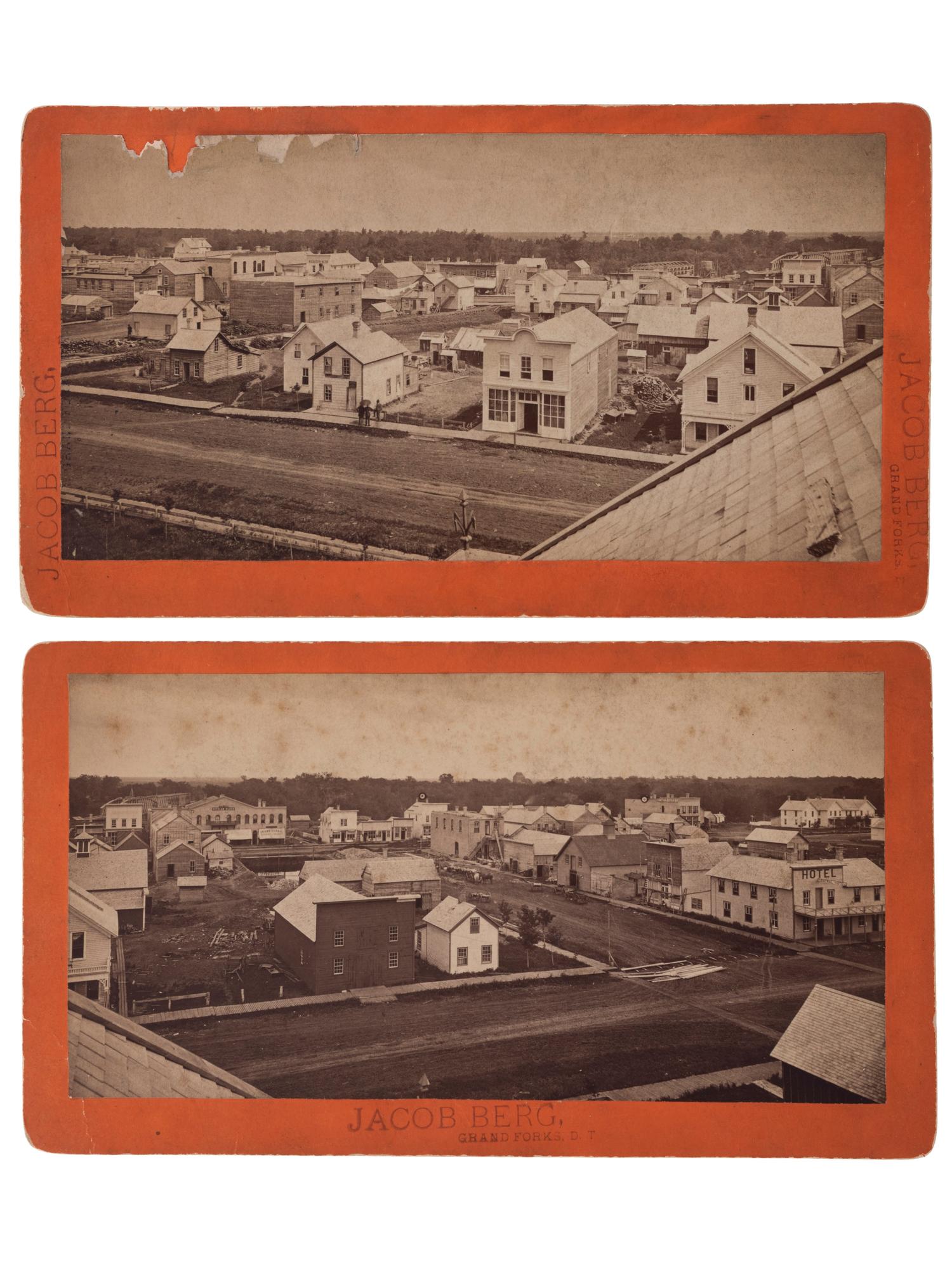 [DAKOTA]. BERG, Jacob, photographer. A group of 2 cabinet cards of Grand Forks, Dakota Territory. Ca 1880.