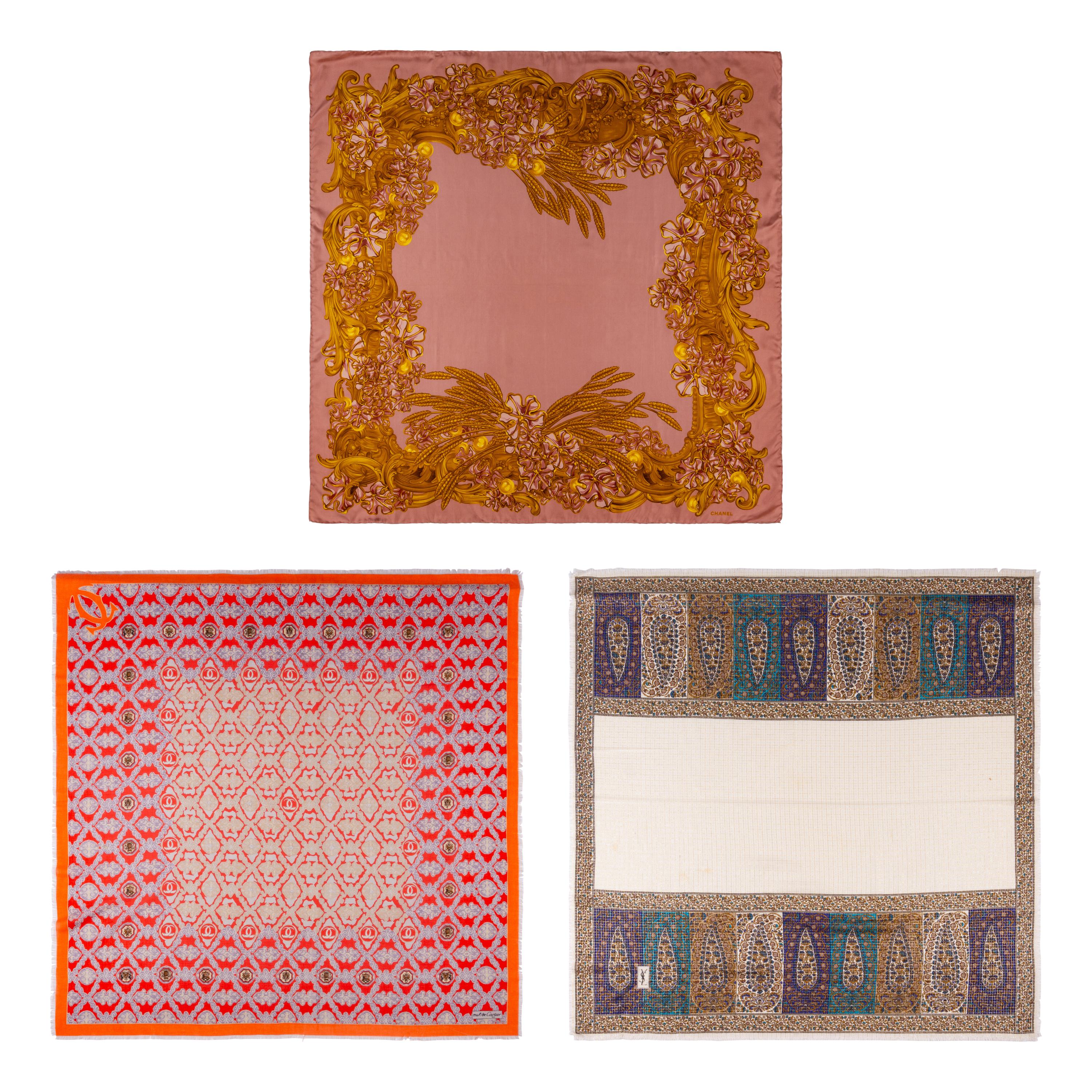 A Group of Vintage Scarves by Chanel, YSL, and Cartier