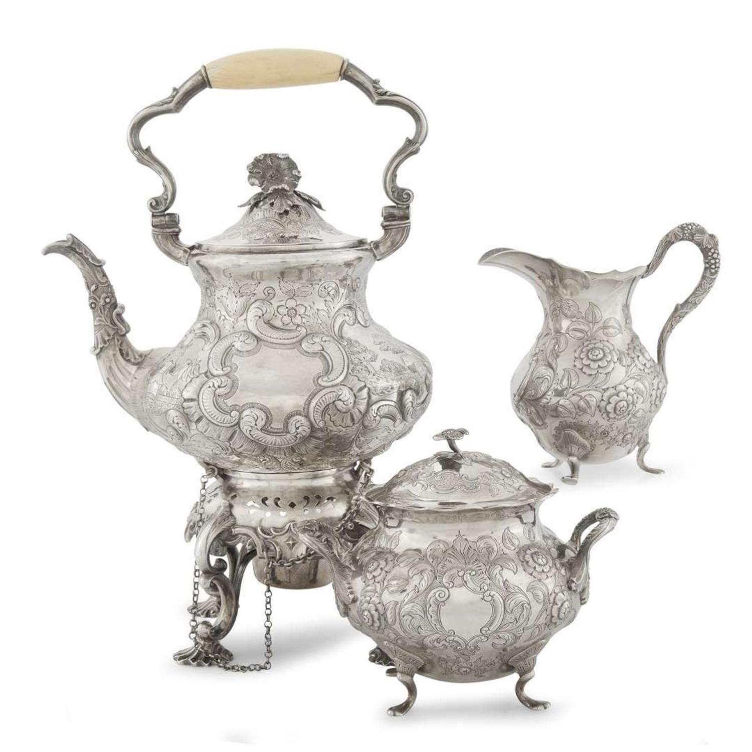 Rococo Revival three-piece silver tea service Gelston & Co., New York, NY, circa 1837-1838