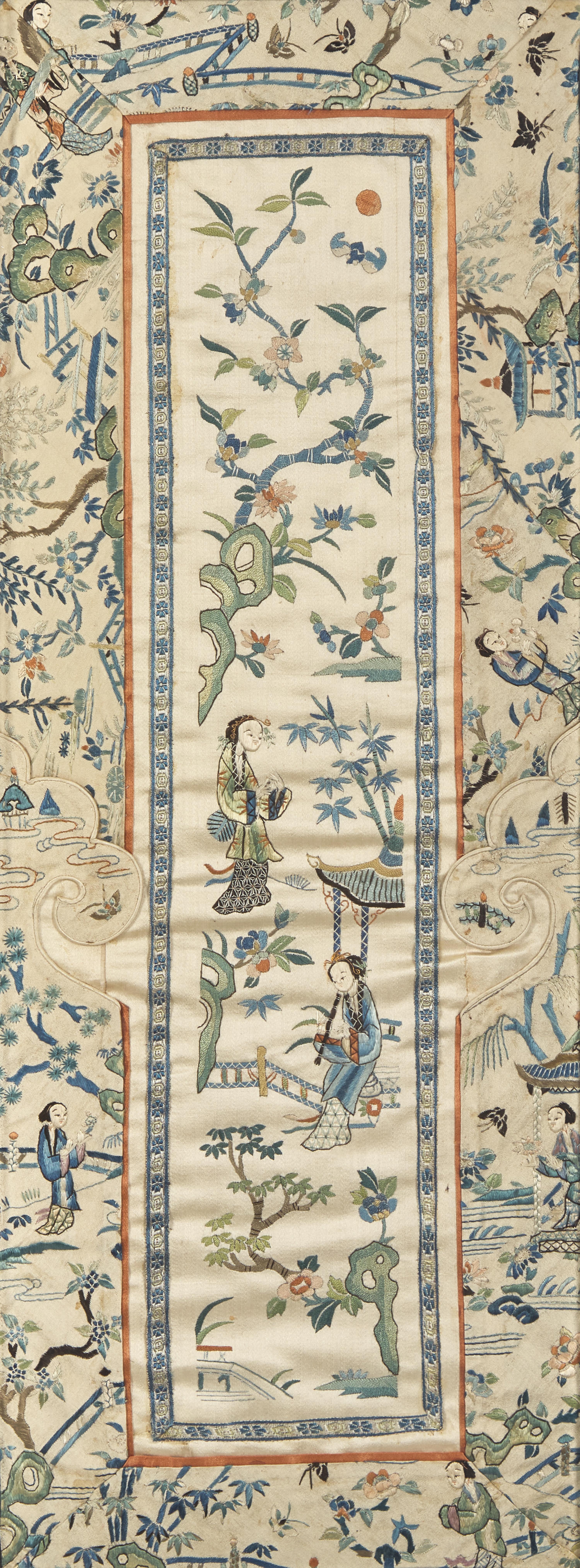 Two Chinese Embroidered Silk Panels, 19th to 20th Century 清晚期 銀綫地百蝶圖綉片及庭院仕女圖挽袖一件