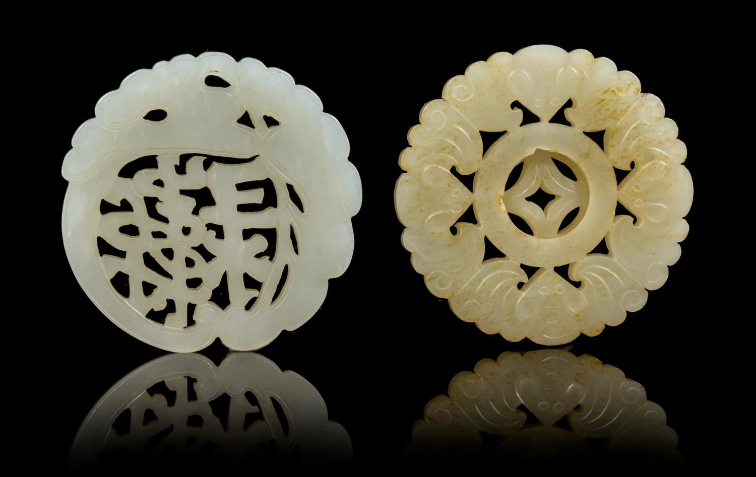 Two Pierce Carved Jade Pendants Diameter 2 1/4 inches.