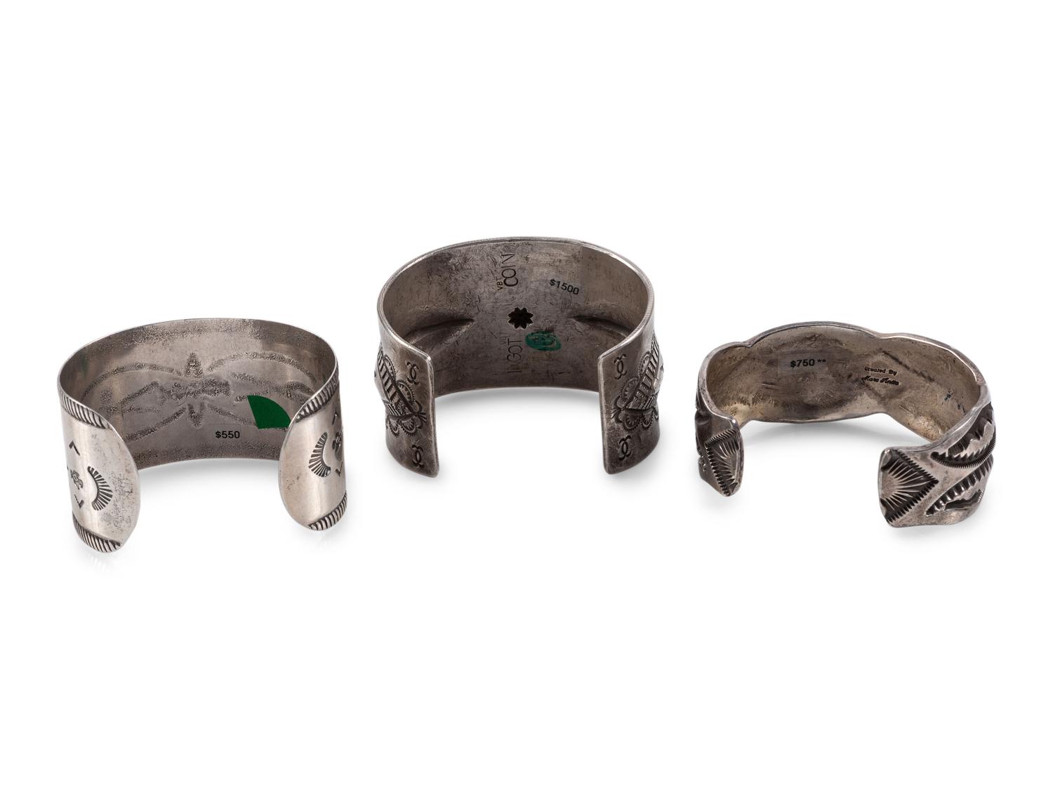 Navajo and Apache Heavily Stamped Sterling Silver and Ingot Cuff Bracelets