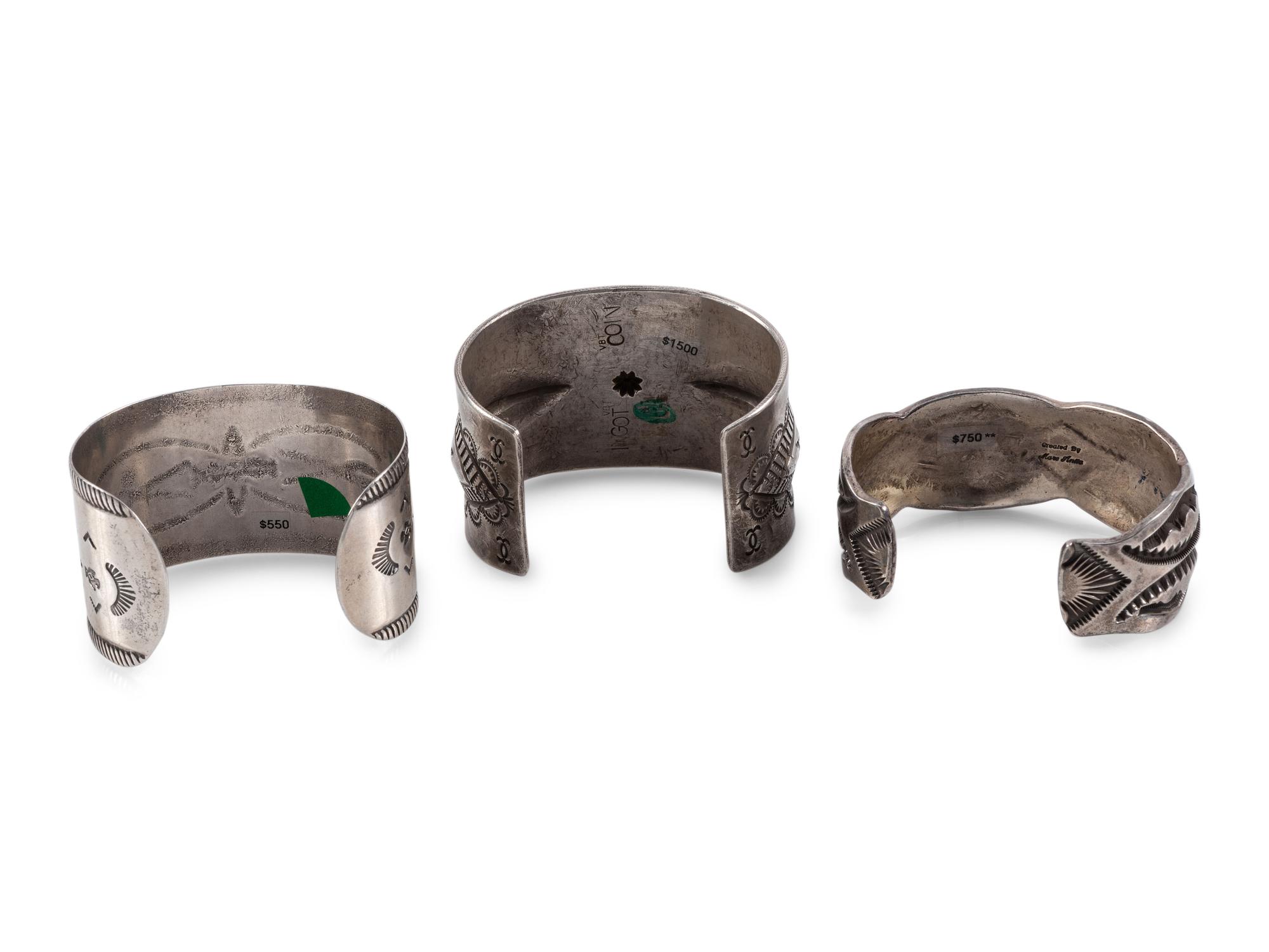 Navajo and Apache Heavily Stamped Sterling Silver and Ingot Cuff Bracelets