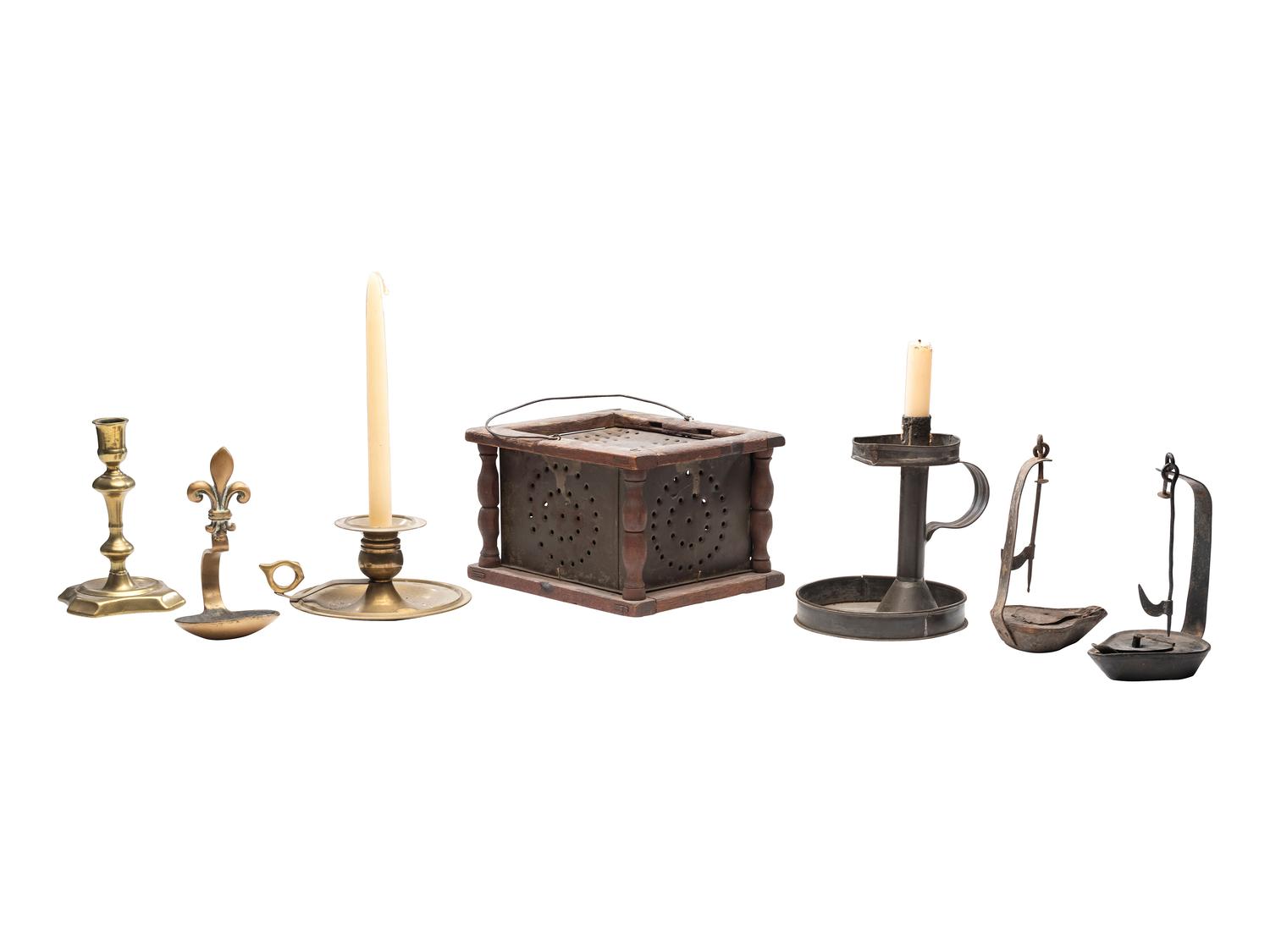 [AMERICANA]. A group of lighting implements and a footstool. Ca 18th - early 19th century.