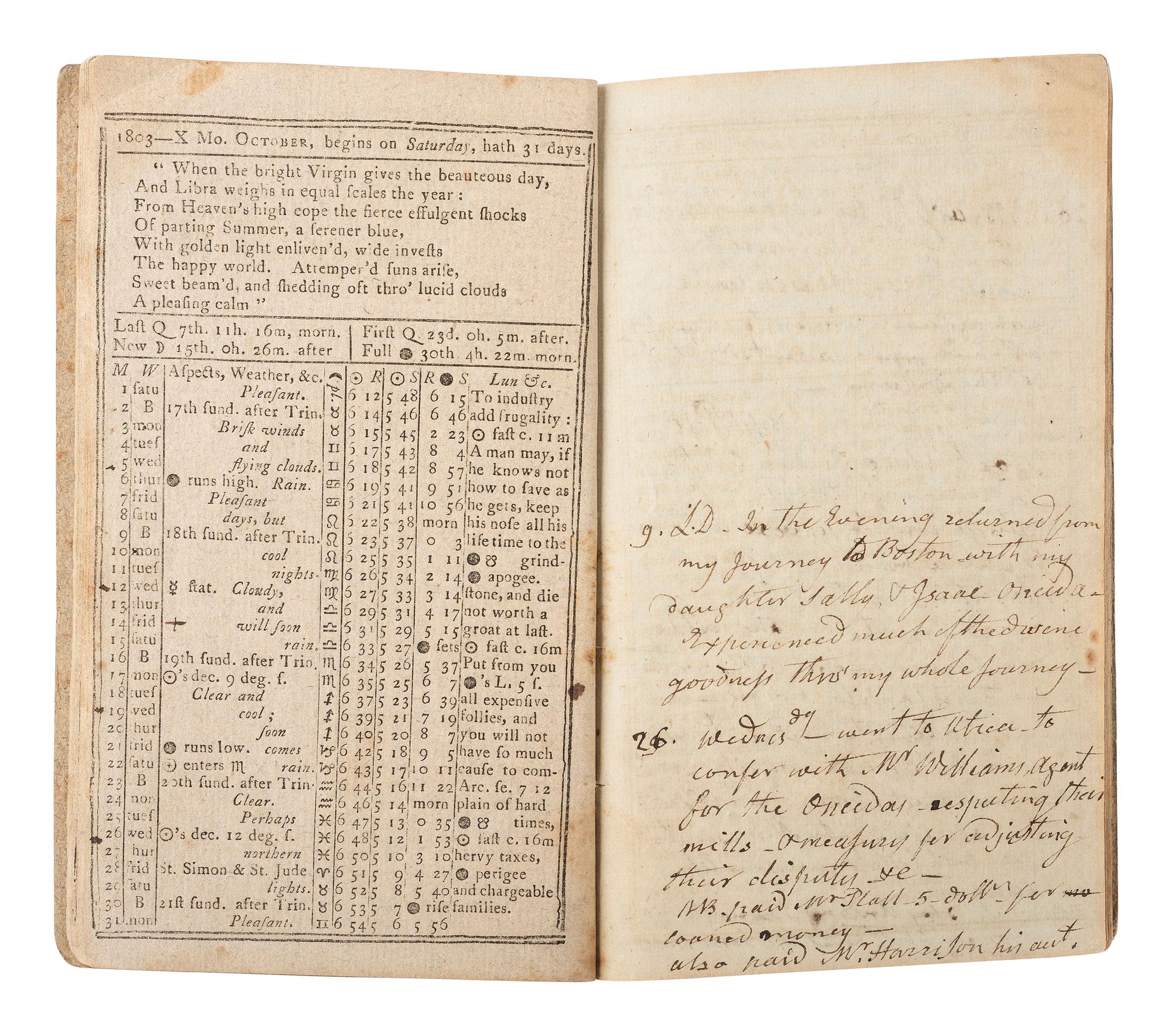 [KIRKLAND, Samuel (1741-1808)] -- [NATIVE AMERICANS]. Webster's Calendar: Or, the Albany Almanack , with journal entries by the Rev. Samuel Kirkland, 1803-1804.