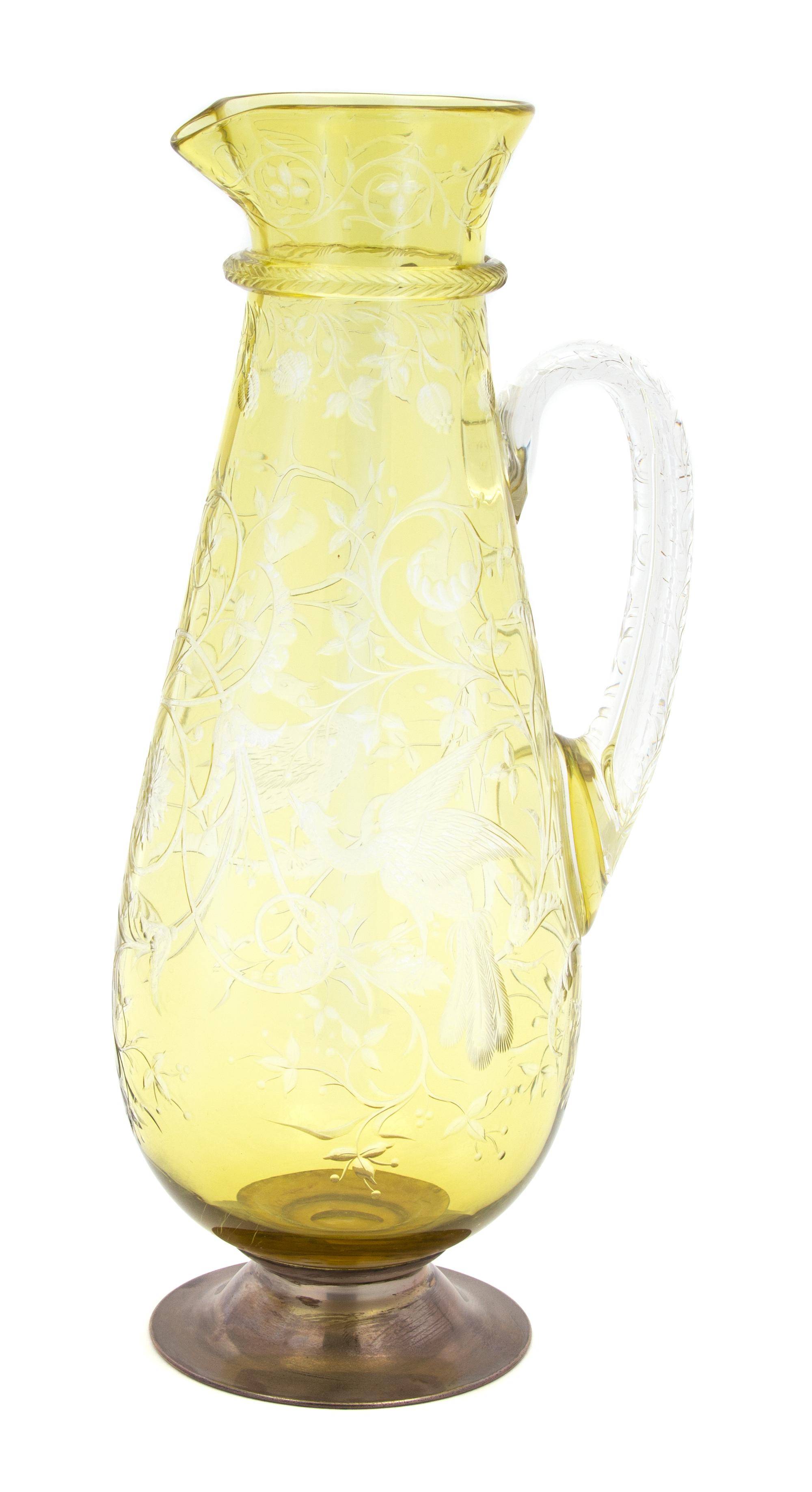 A Bohemian Yellow Cut-to-Clear Glass Ewer Height 11 inches. — 19TH CENTURY