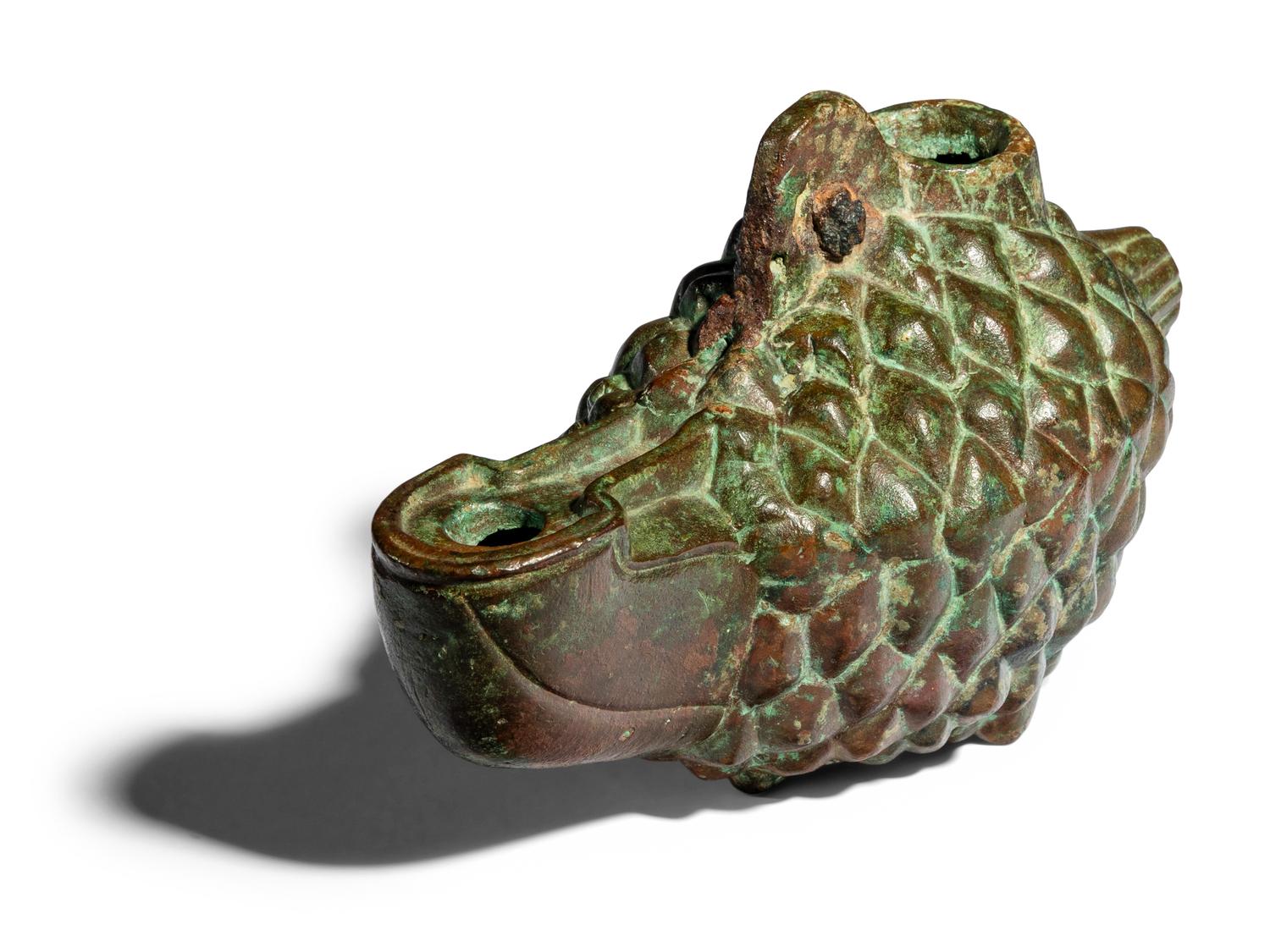 A Roman Bronze Oil Lamp in the form of a Pinecone