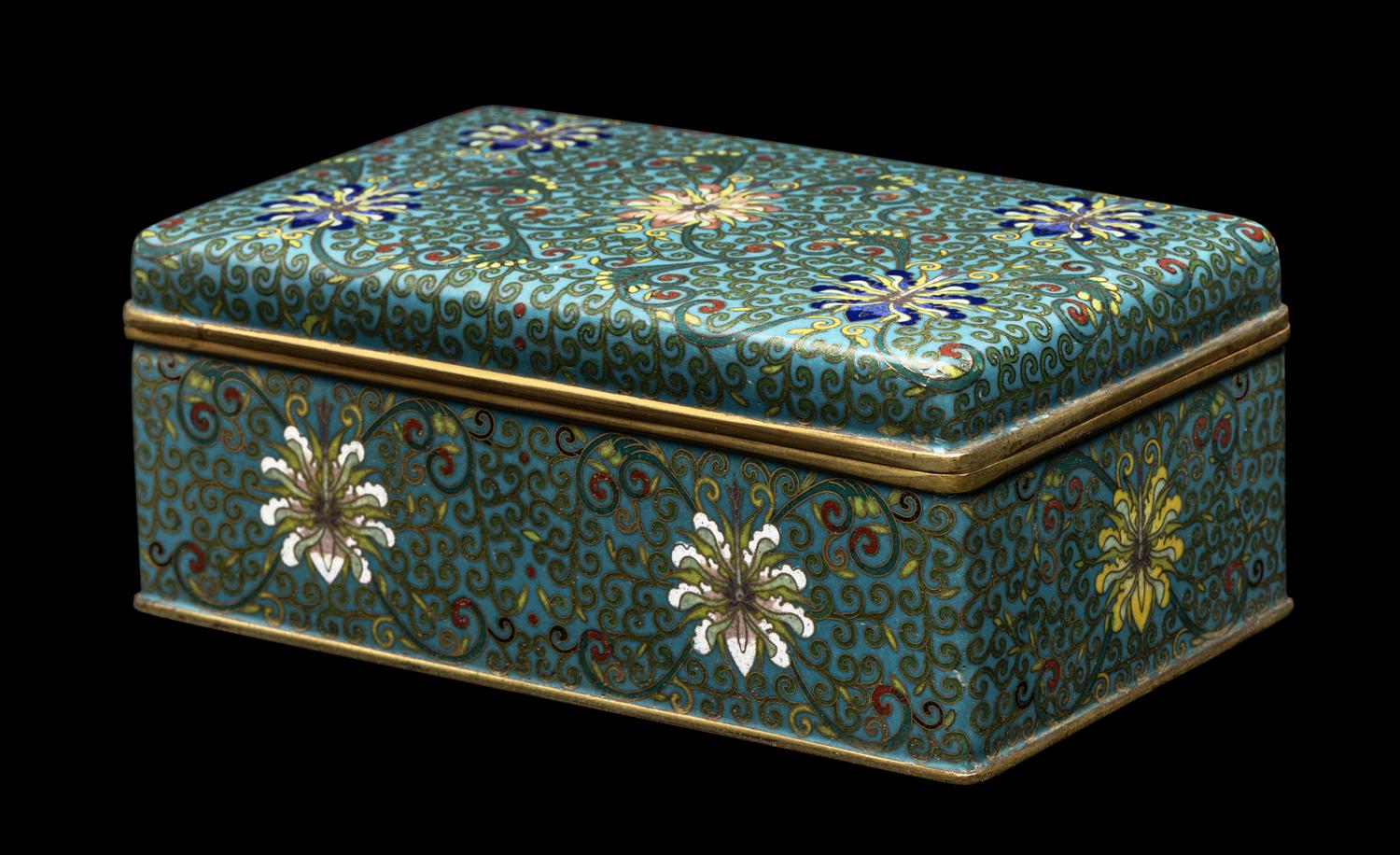 A Chinese Hongmu Lined Cloisonné Enamel Rectangular Covered Box, Late Qing/Republic Period 晚清/民國 ‘老天利製’黃花梨包鑲西番蓮紋掐絲琺琅拜匣