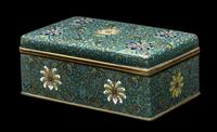 A Chinese Hongmu Lined Cloisonné Enamel Rectangular Covered Box, Late Qing/Republic Period 晚清/民國 ‘老天利製’黃花梨包鑲西番蓮紋掐絲琺琅拜匣