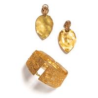 An Etruscan Revival Gold Bracelet with a Pair of Etruscan Revival Gold Ear Pendants