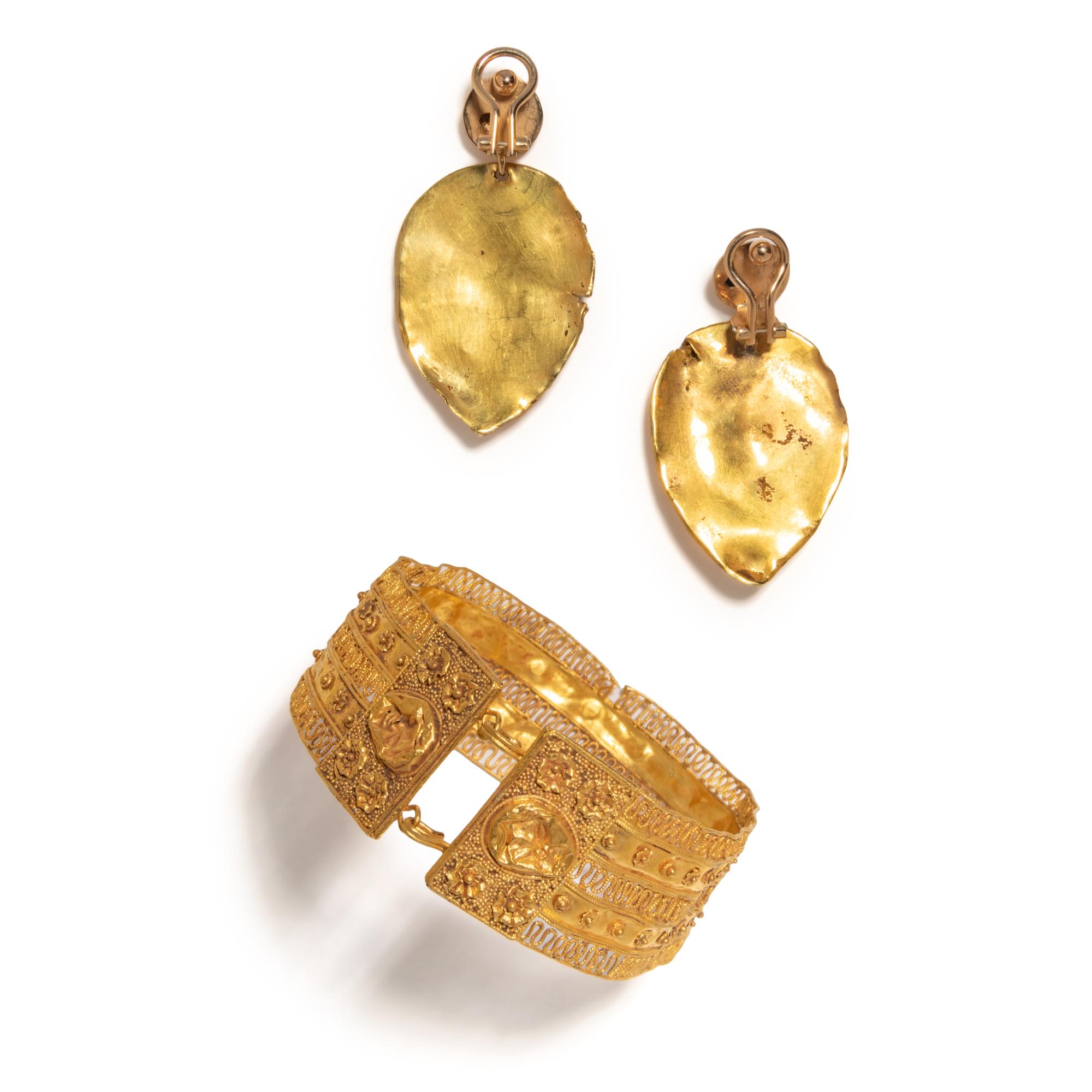 An Etruscan Revival Gold Bracelet with a Pair of Etruscan Revival Gold Ear Pendants