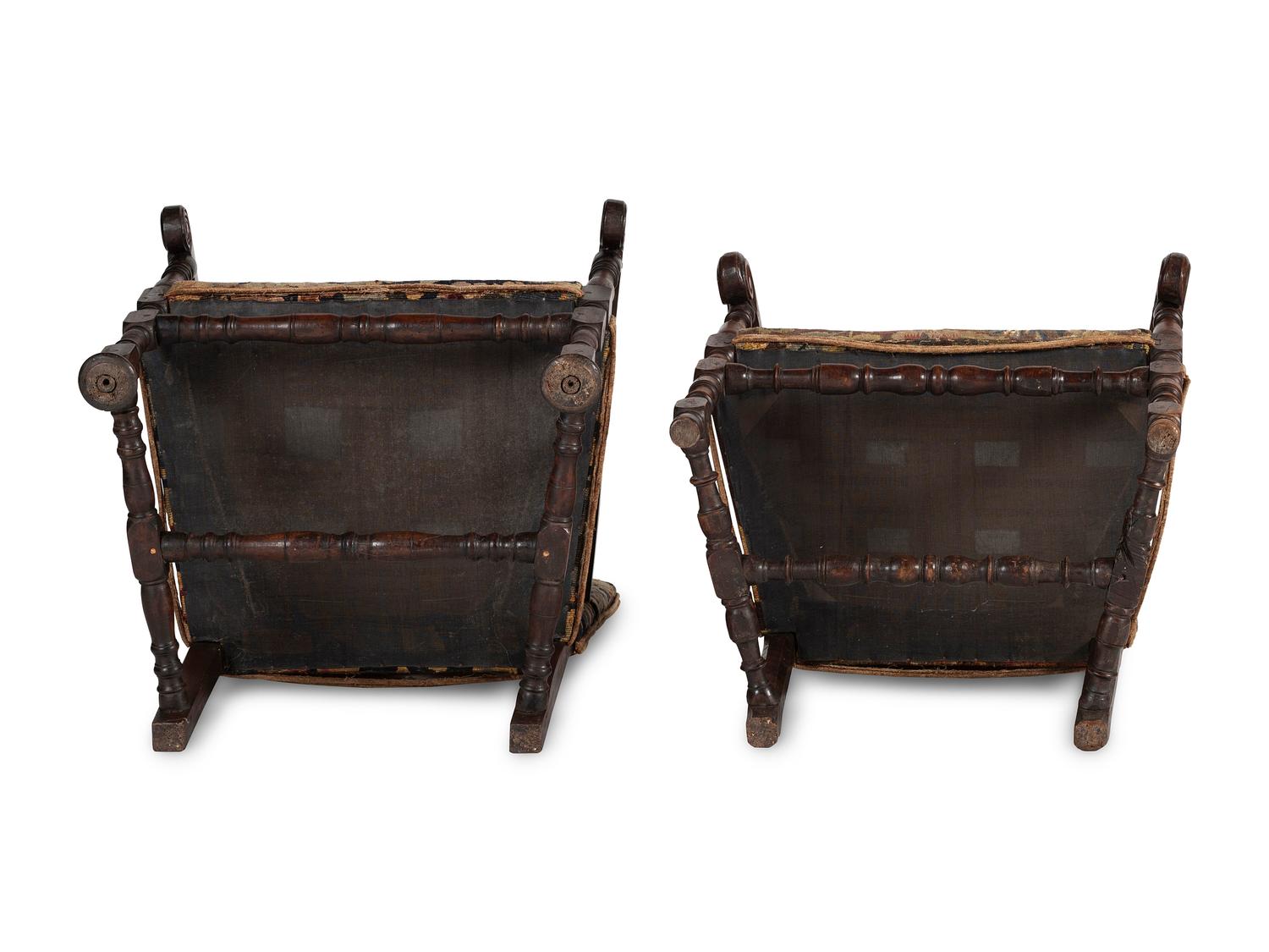 A Matched Pair of French Scroll-Carved and Turned Walnut Tapestry Upholstered Fauteuils