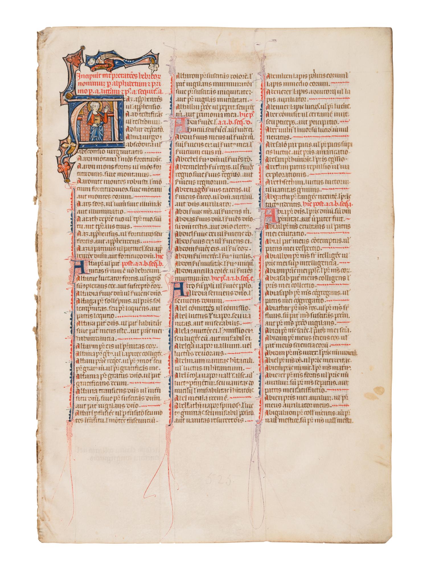 UNKNOWN SOUTH FRENCH ILLUMINATOR A Leaf from the Mailhac-Faber Bible, with a historiated initial ‘A’, a Young Saint Raising his Hands, in Latin, illuminated manuscript on parchment [France, Southern France, late thirteenth or early fourteenth century]