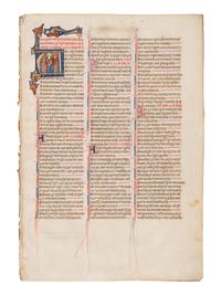 UNKNOWN SOUTH FRENCH ILLUMINATOR A Leaf from the Mailhac-Faber Bible, with a historiated initial ‘A’, a Young Saint Raising his Hands, in Latin, illuminated manuscript on parchment [France, Southern France, late thirteenth or early fourteenth century]
