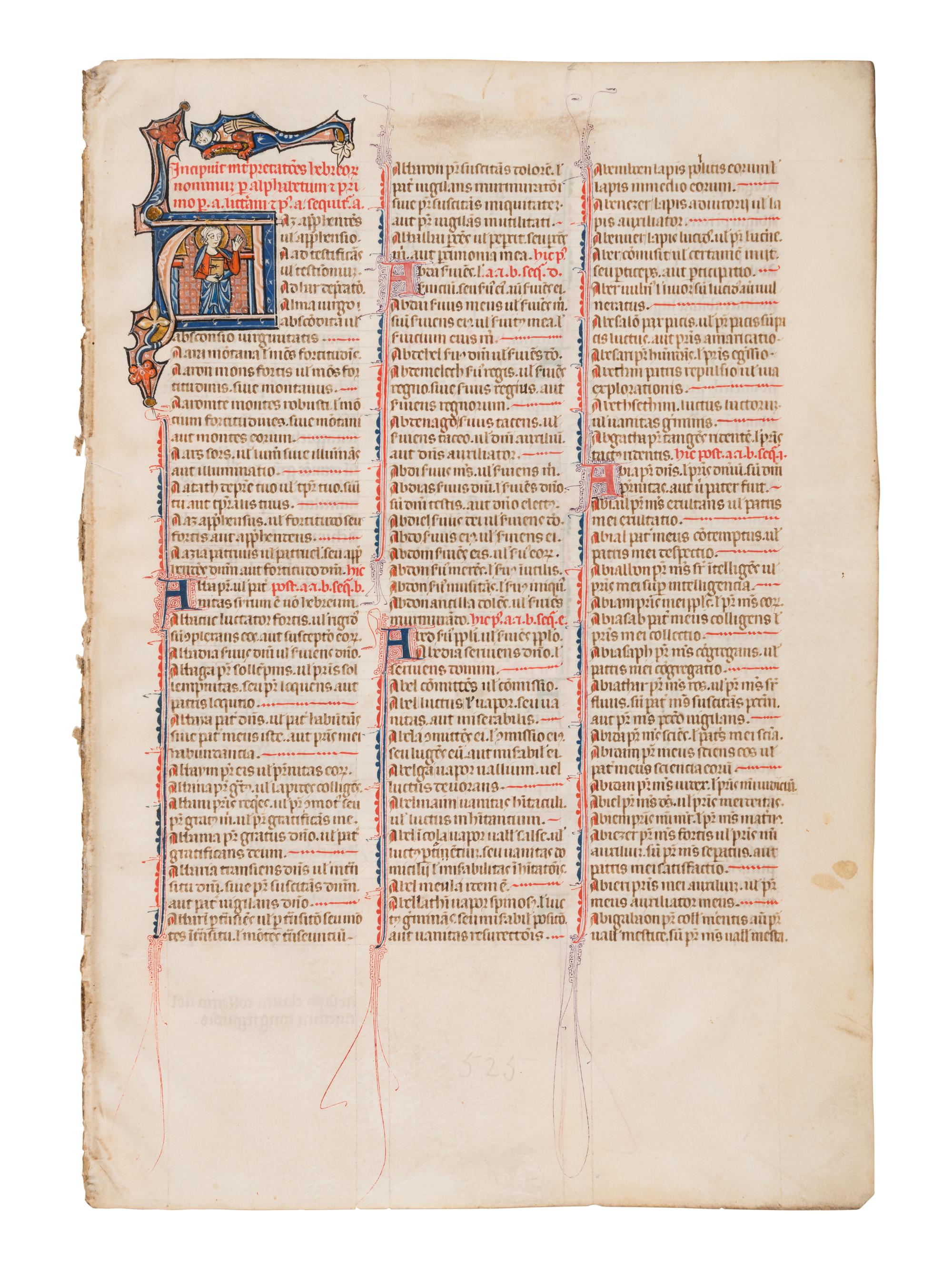 UNKNOWN SOUTH FRENCH ILLUMINATOR A Leaf from the Mailhac-Faber Bible, with a historiated initial ‘A’, a Young Saint Raising his Hands, in Latin, illuminated manuscript on parchment [France, Southern France, late thirteenth or early fourteenth century]