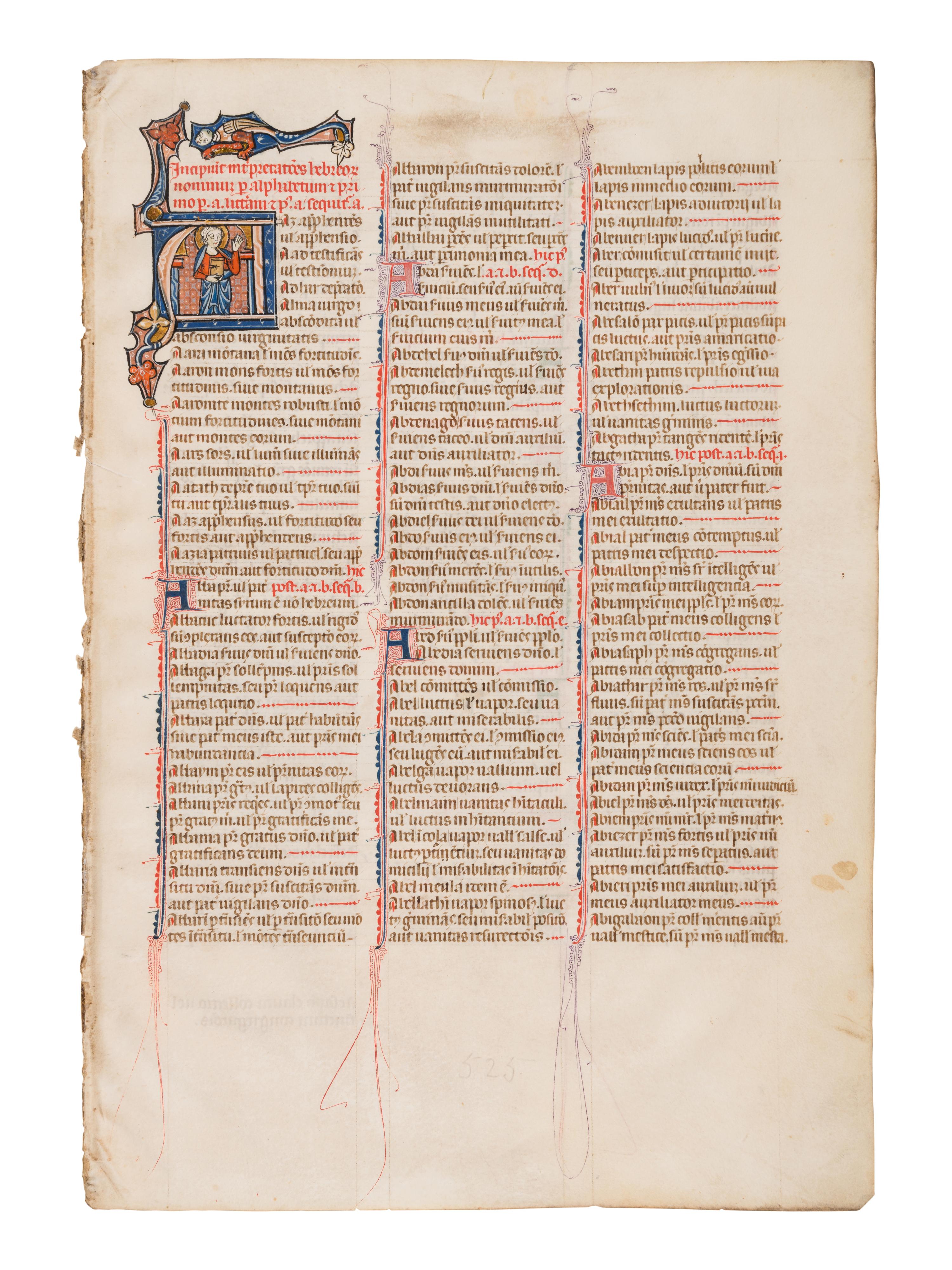 UNKNOWN SOUTH FRENCH ILLUMINATOR A Leaf from the Mailhac-Faber Bible, with a historiated initial ‘A’, a Young Saint Raising his Hands, in Latin, illuminated manuscript on parchment [France, Southern France, late thirteenth or early fourteenth century]