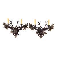 A Pair of Black-Forest Style Polychrome Decorated Two-Light Sconces