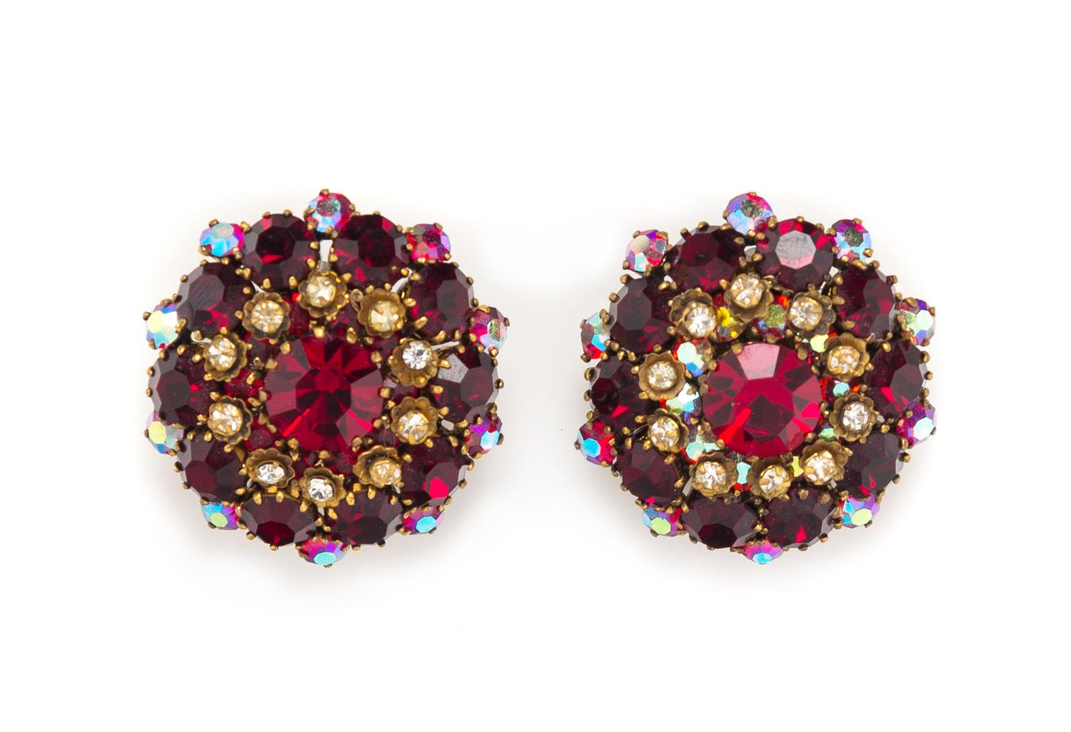 A Pair of Miriam Haskell Red Crystal and Rhinestone Earclips,