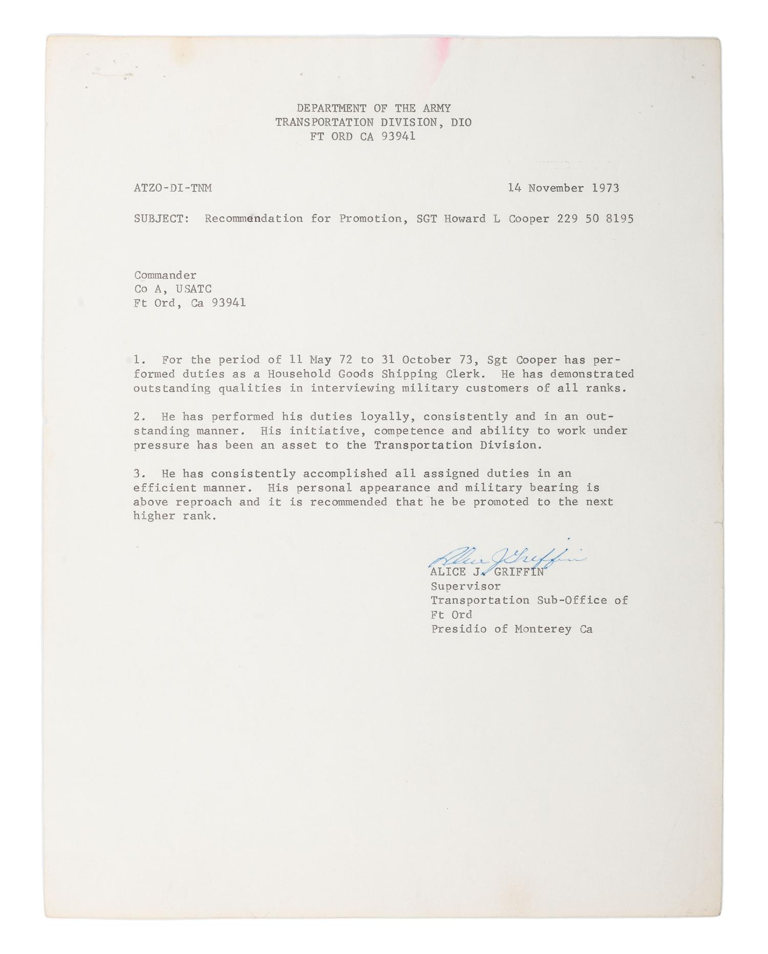 [VIETNAM]. A group of photographs and letter recommending promotion of African American Sergeant Howard L. Cooper.