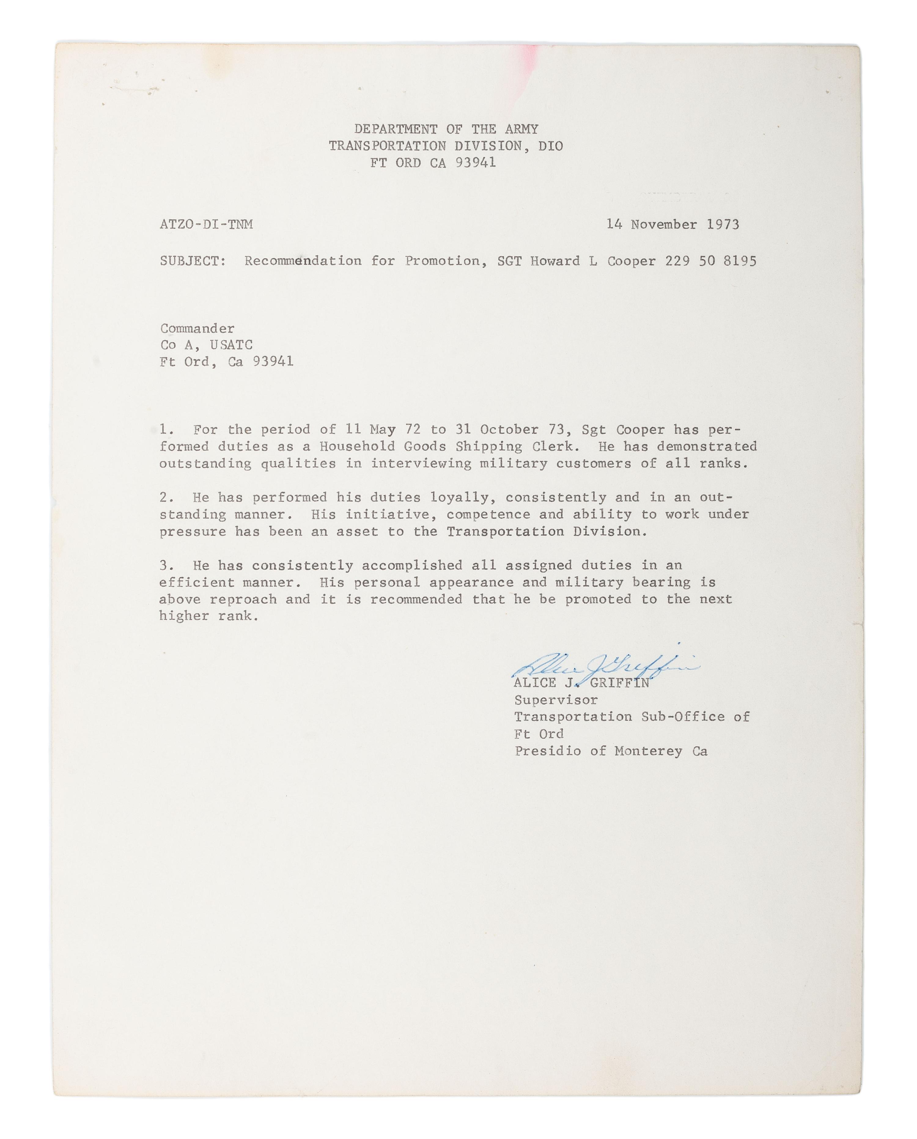 [VIETNAM]. A group of photographs and letter recommending promotion of African American Sergeant Howard L. Cooper.