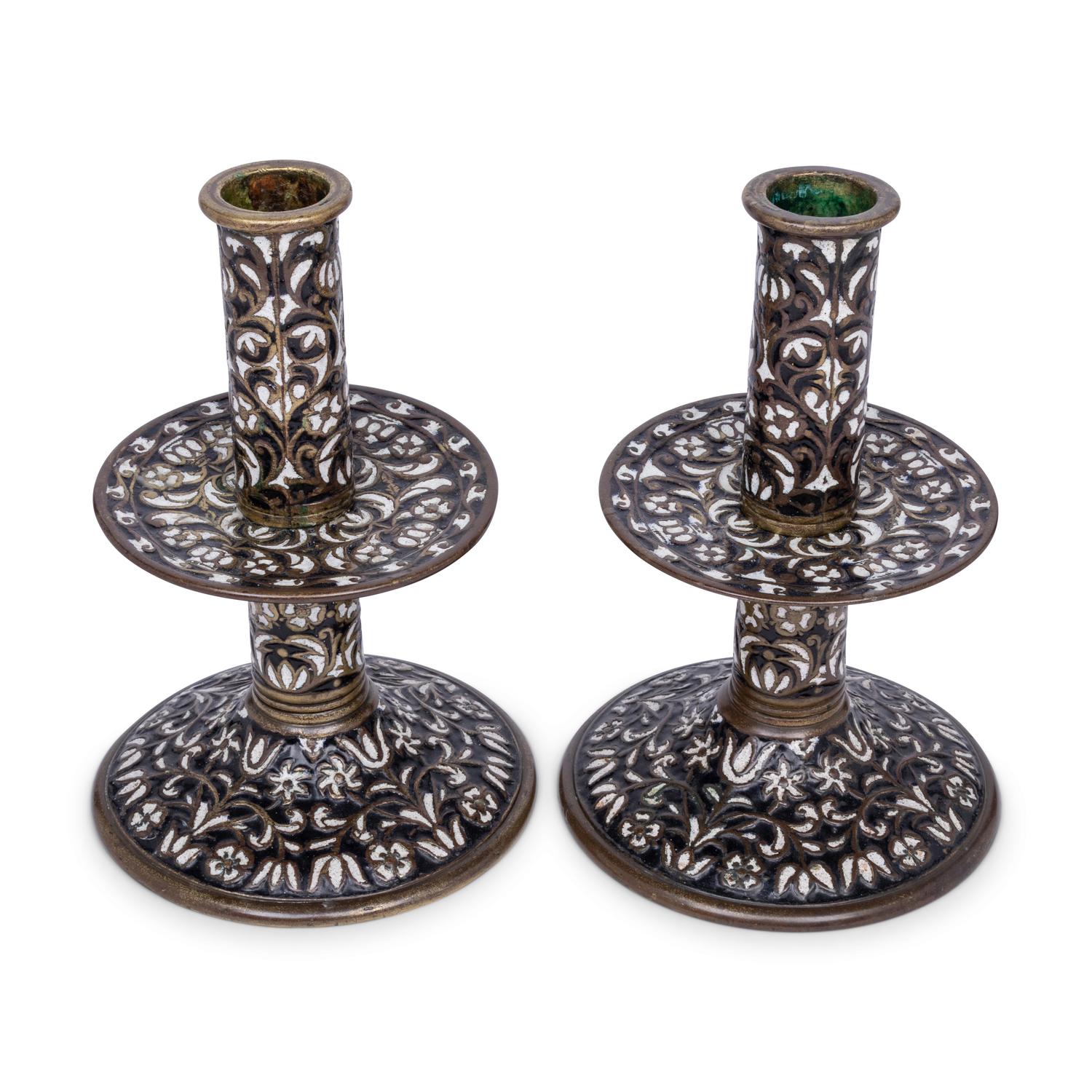 A Pair of Cast Brass 'Surrey Enamel' Candlesticks