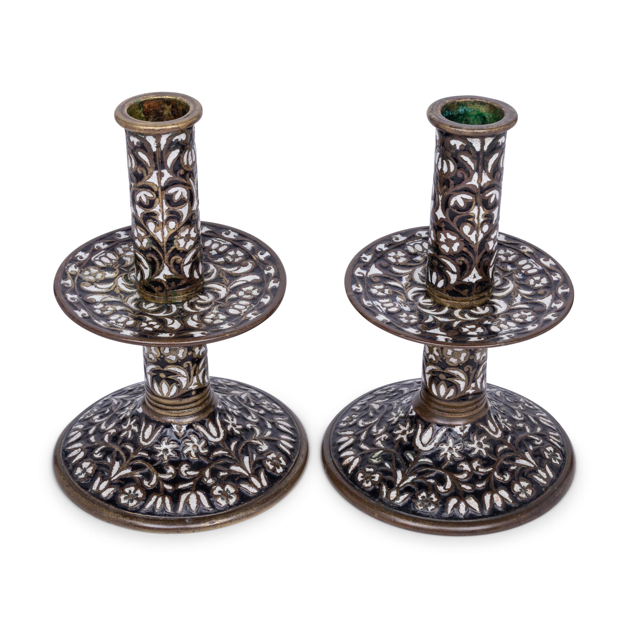 A Pair of Cast Brass 'Surrey Enamel' Candlesticks
