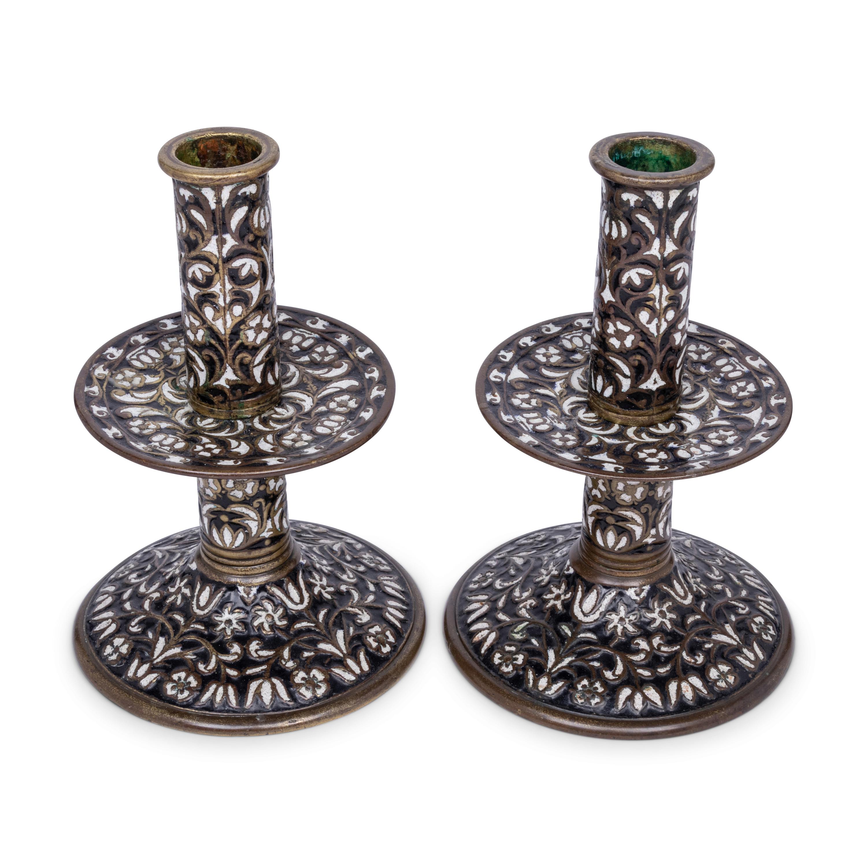 A Pair of Cast Brass 'Surrey Enamel' Candlesticks